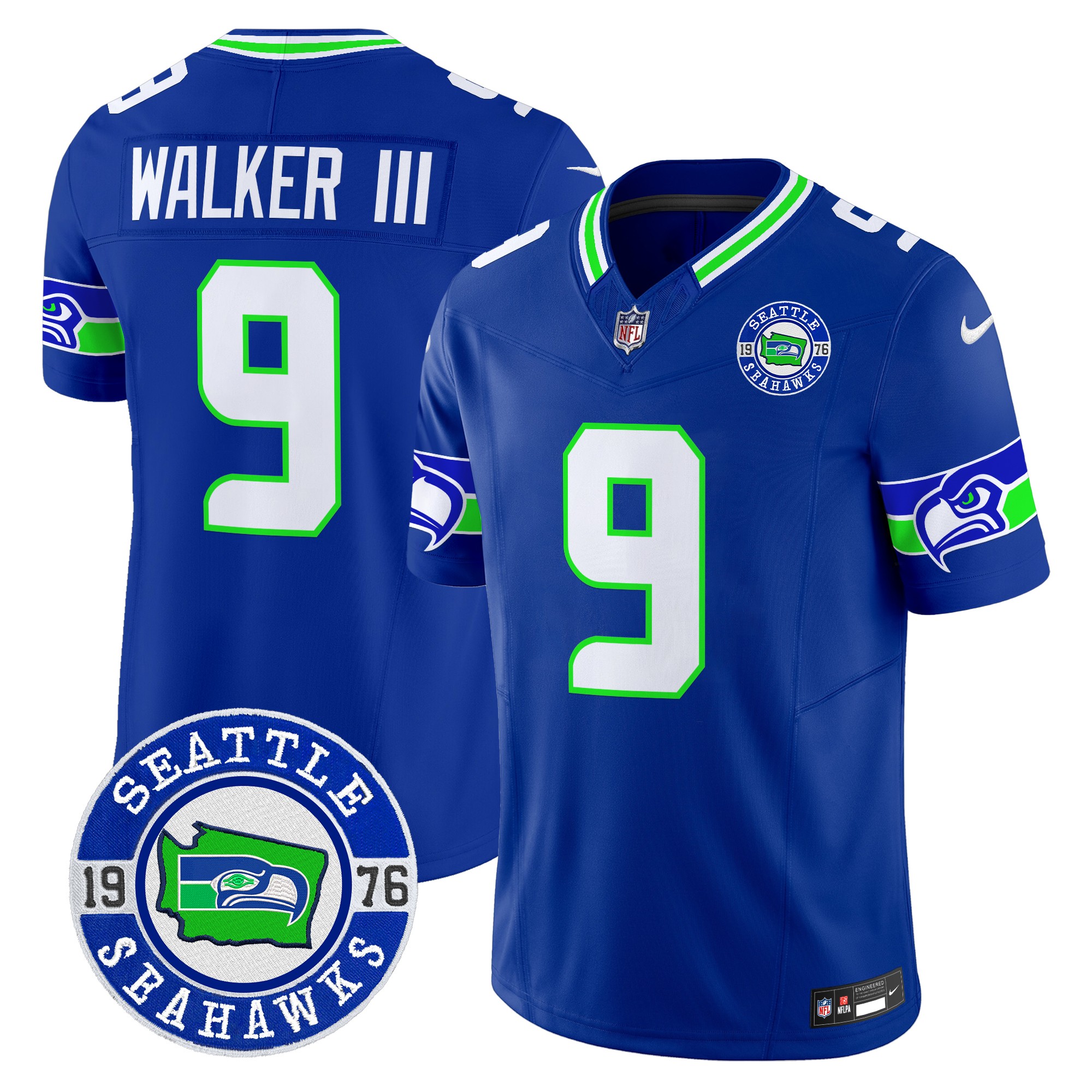 Walker III Men's Seattle Seahawks 2024 Seattle Est. 1976 Patch Vapor Limited Royal Jersey - All Stitched