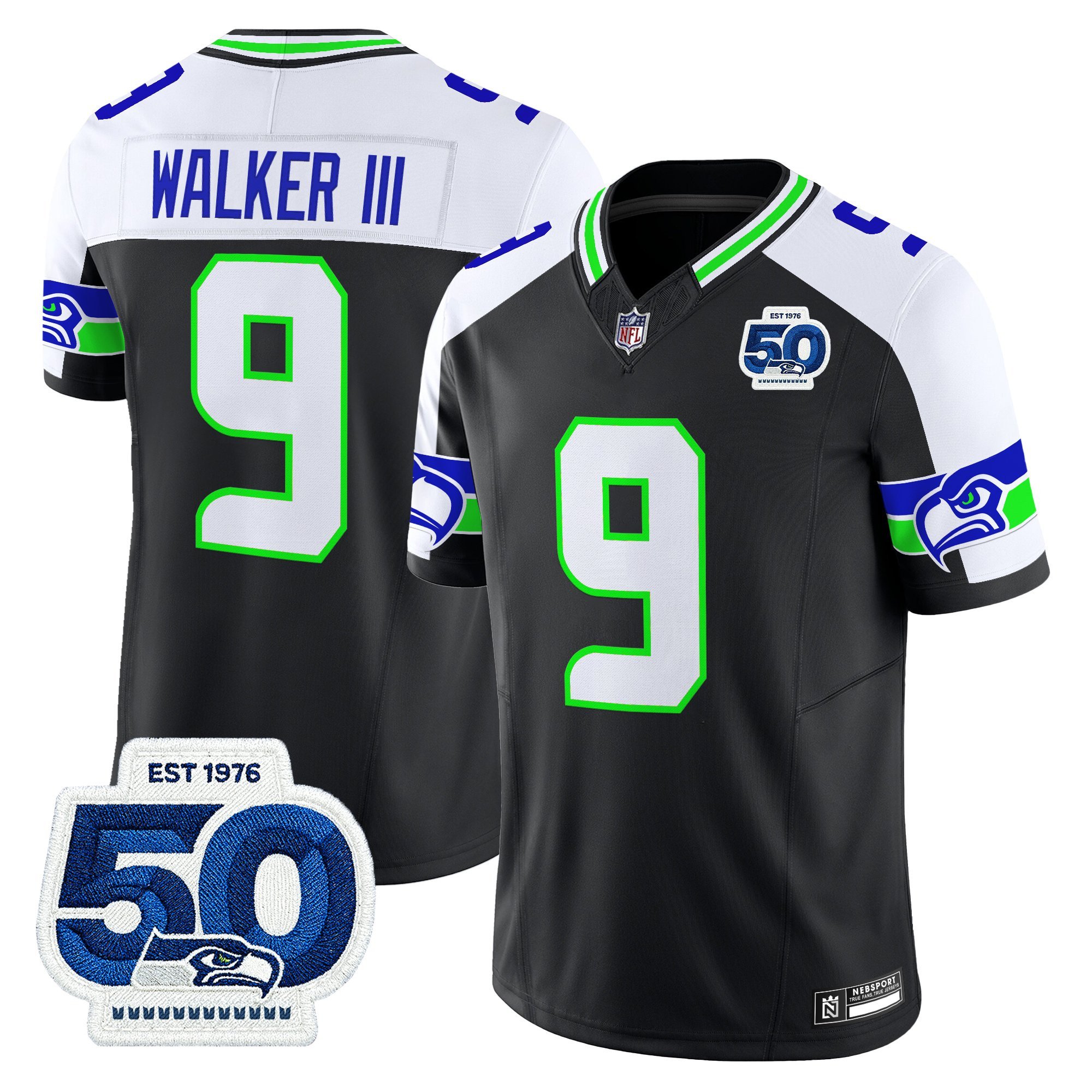 Walker III Men's Seattle Seahawks 50th Anniversary Patch Vapor Limited Black Alternate Jersey - All Stitched