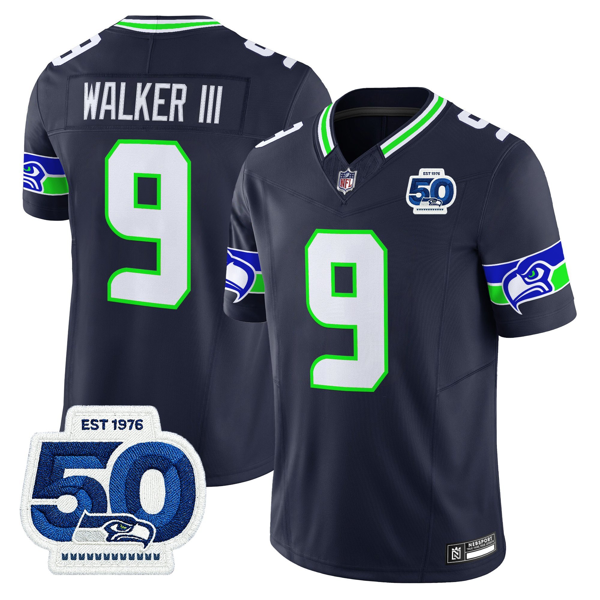 Walker III Men's Seattle Seahawks 50th Anniversary Patch Vapor Limited Navy Jersey - All Stitched