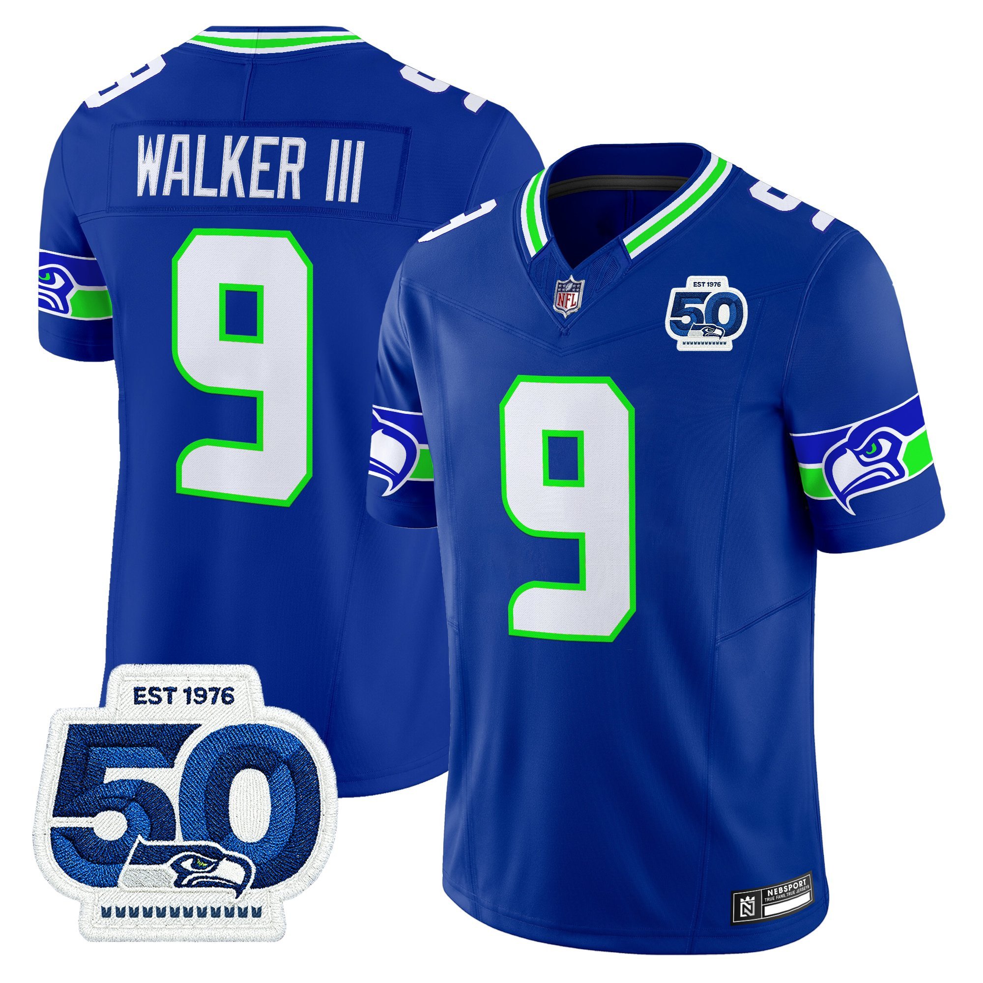 Walker III Men's Seattle Seahawks 50th Anniversary Patch Vapor Limited Royal Jersey - All Stitched