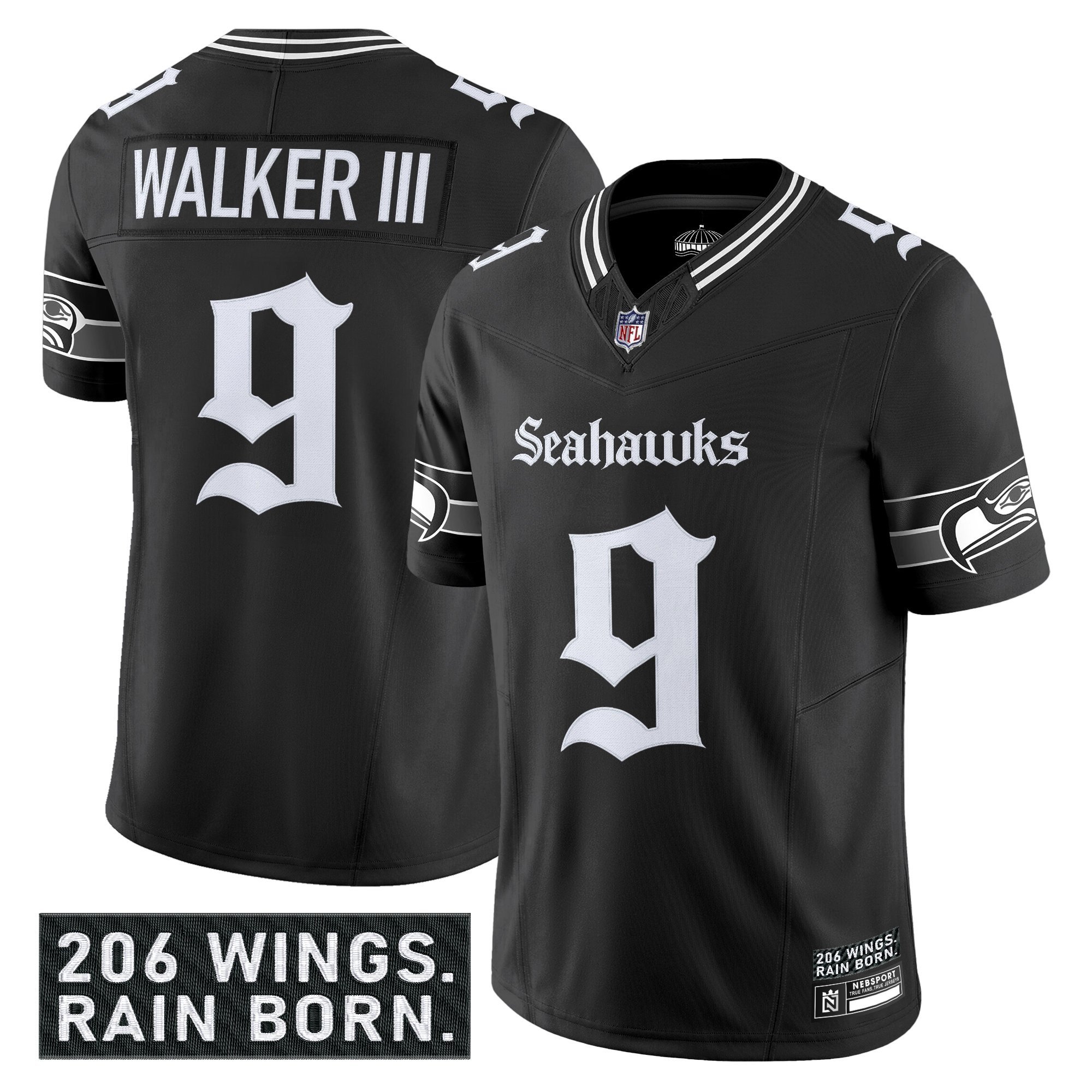 Walker III Men's Seattle Seahawks 'Gothic Rain City Shadows Edition' Vapor Limited Black Jersey - All Stitched