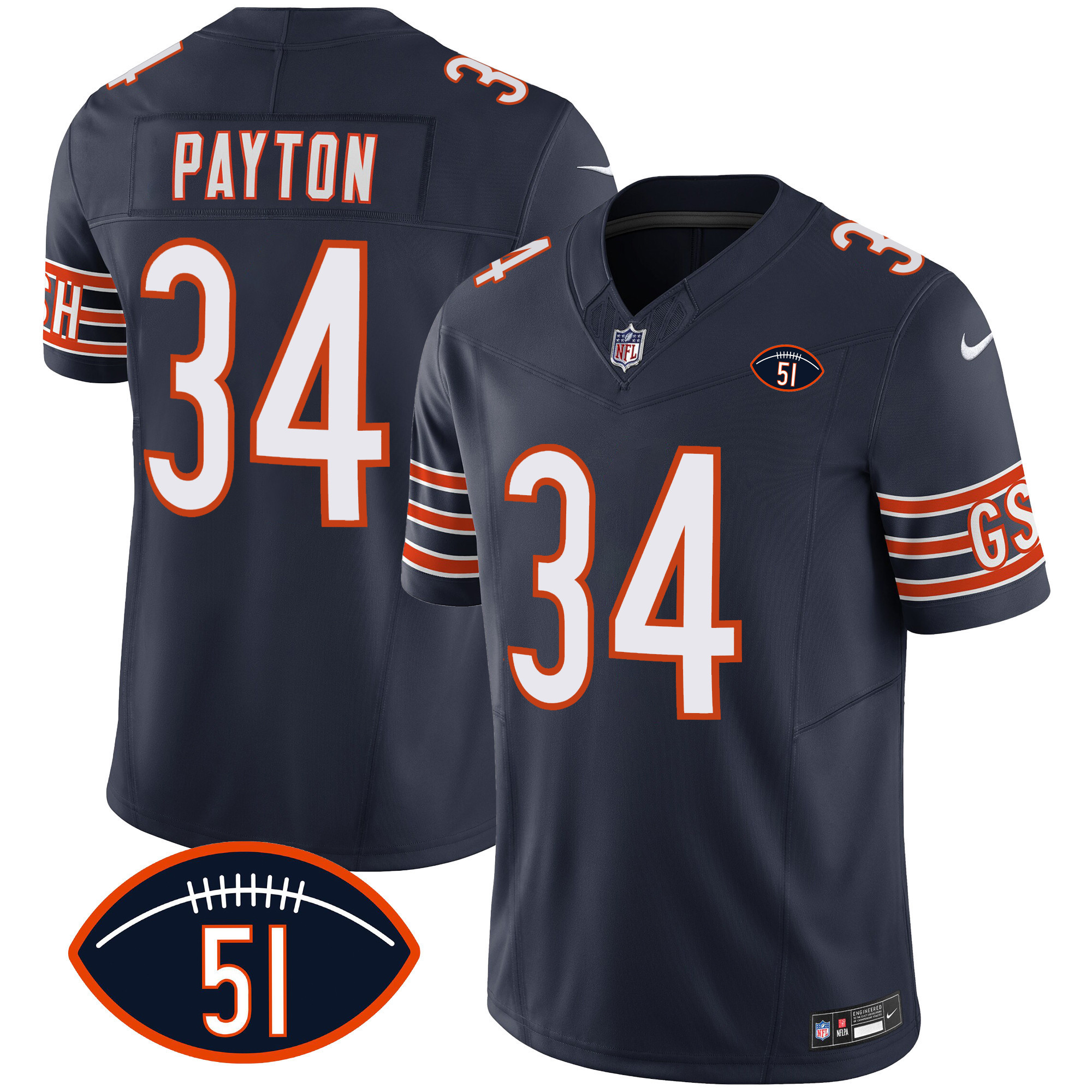 Walter Payton Men's Chicago Bears Dick Butkus Patch GSH Vapor Navy Jersey - All Stitched