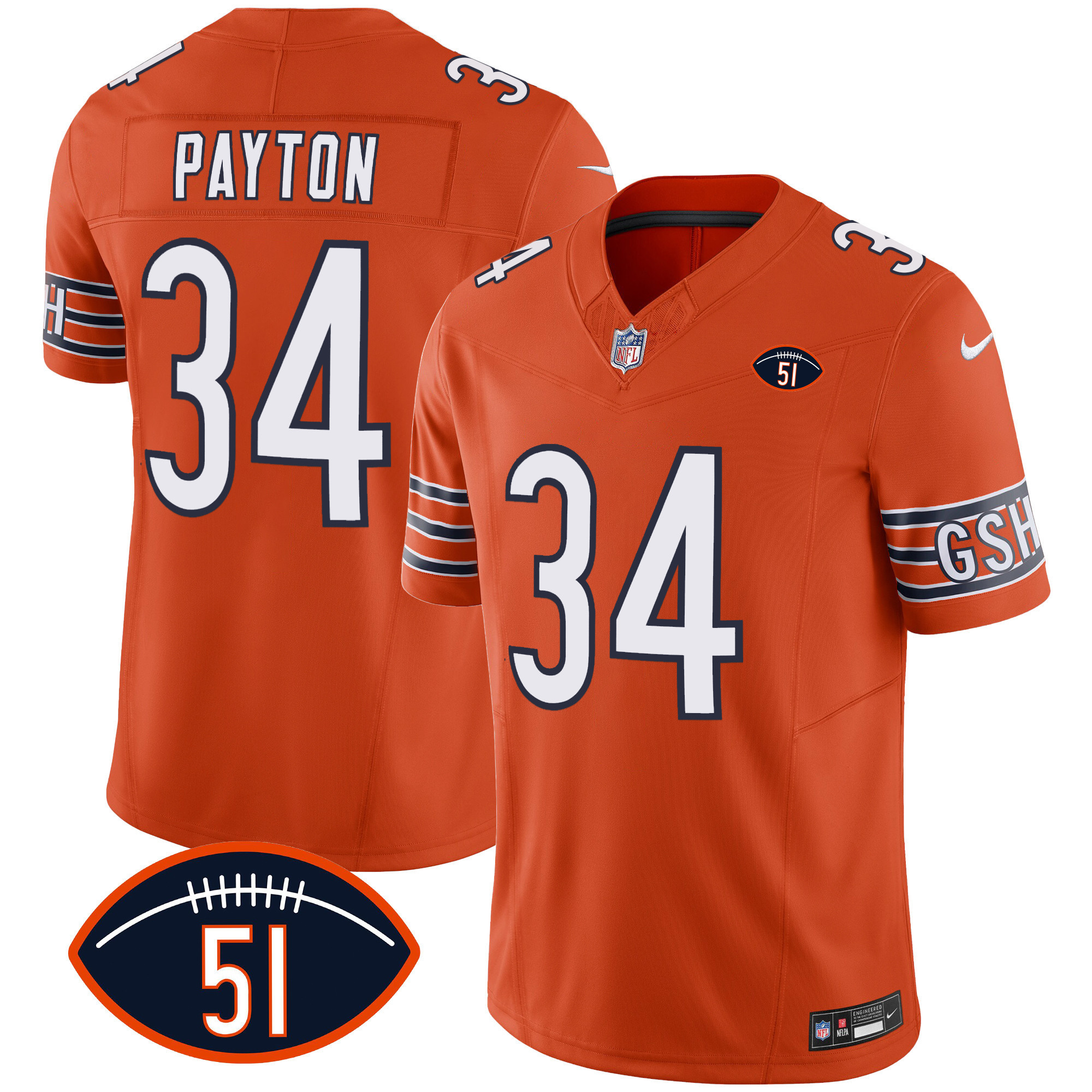 Walter Payton Men's Chicago Bears Dick Butkus Patch GSH Vapor Orange Jersey - All Stitched