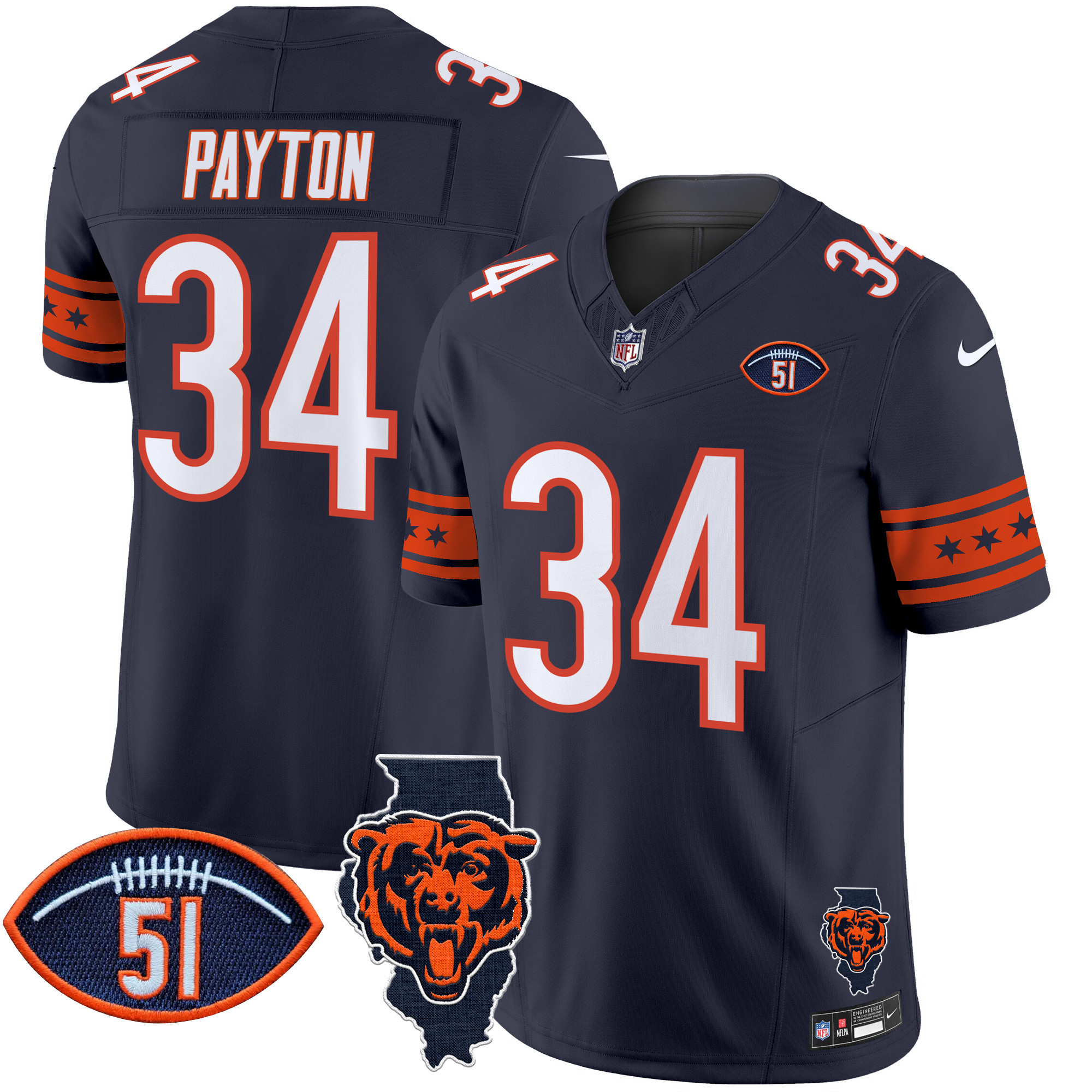 Walter Payton Men's Chicago Bears Illinois & Dick Butkus Patch Vapor Limited Navy Jersey - All Stitched