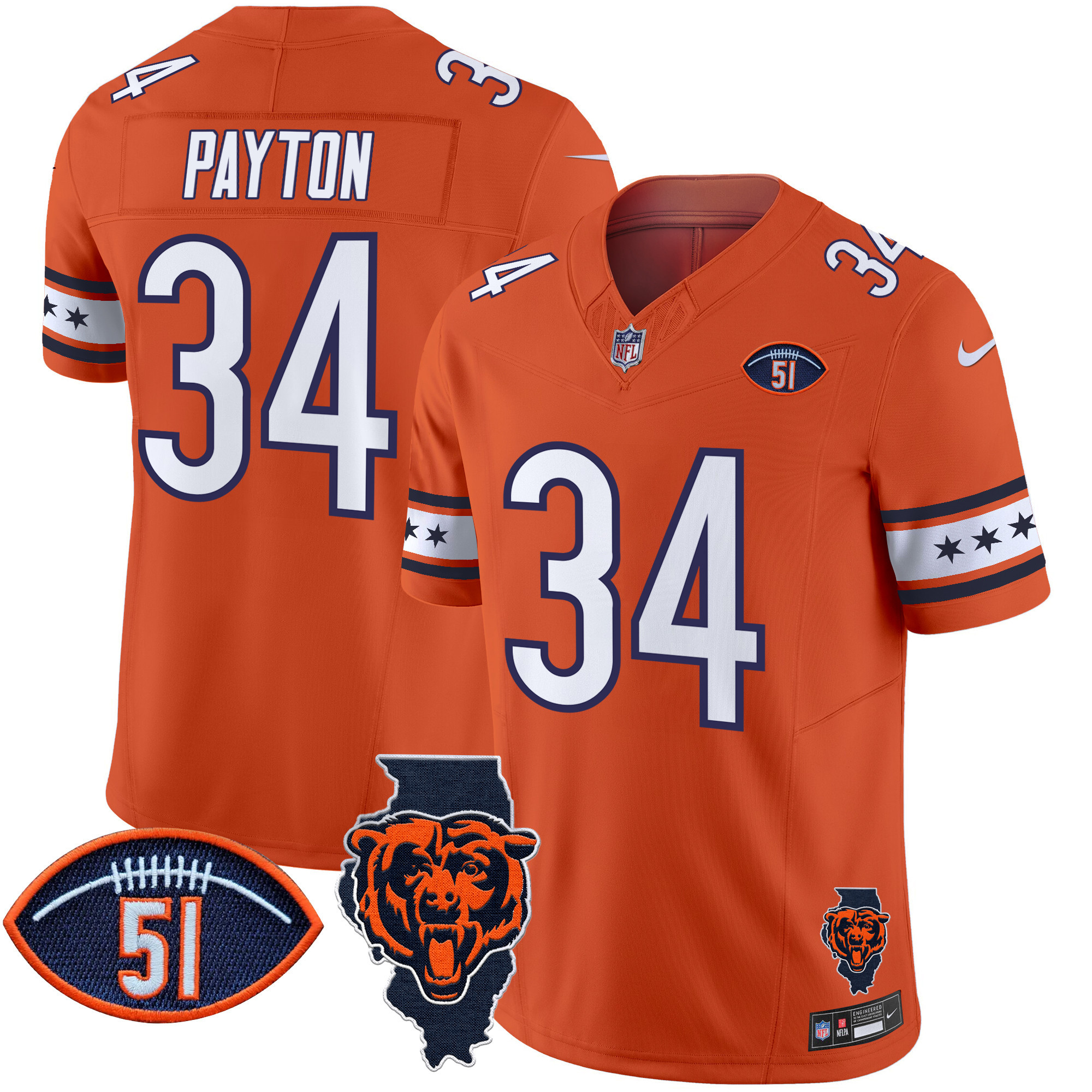 Walter Payton Men's Chicago Bears Illinois & Dick Butkus Patch Vapor Limited Orange Jersey - All Stitched