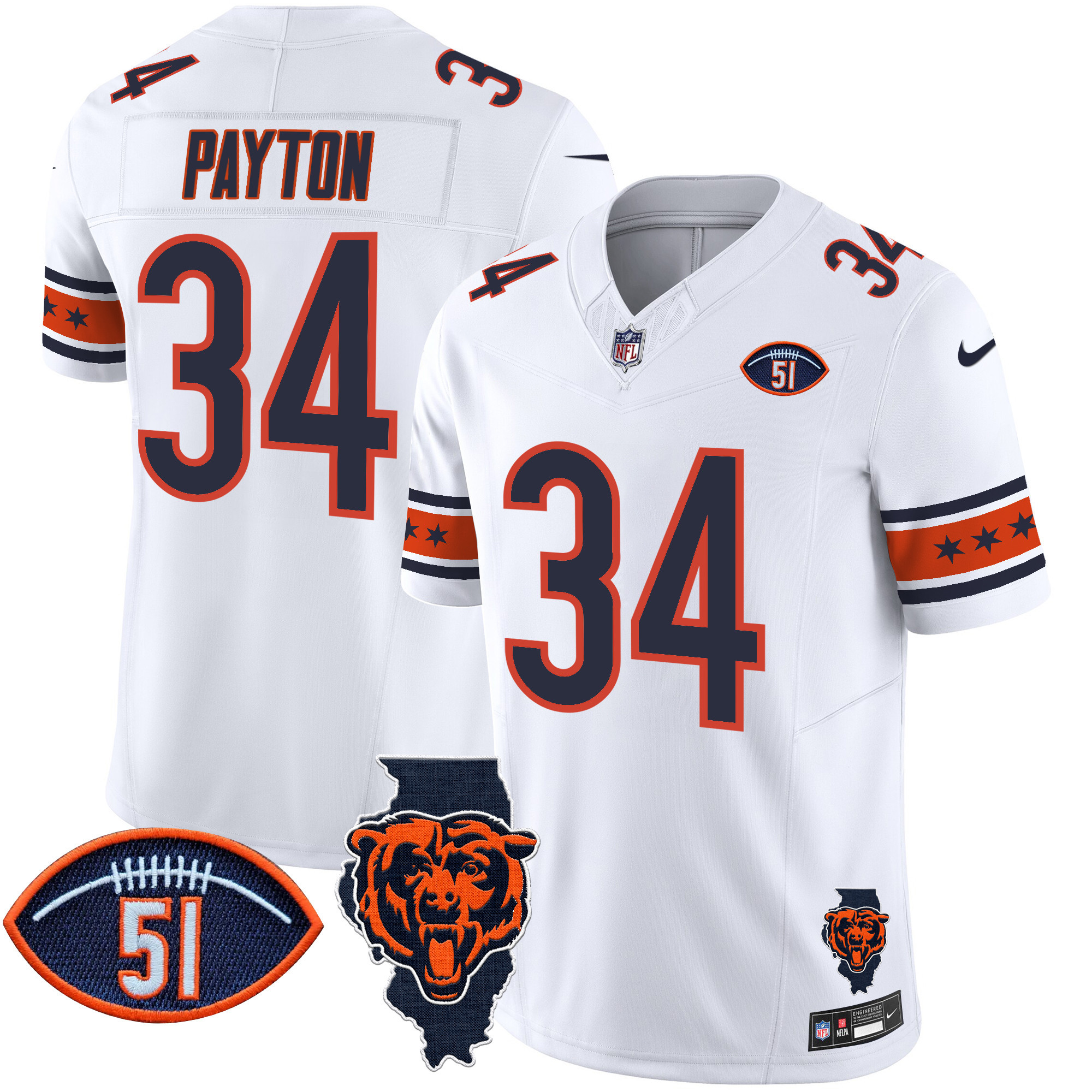 Walter Payton Men's Chicago Bears Illinois & Dick Butkus Patch Vapor Limited White Jersey - All Stitched