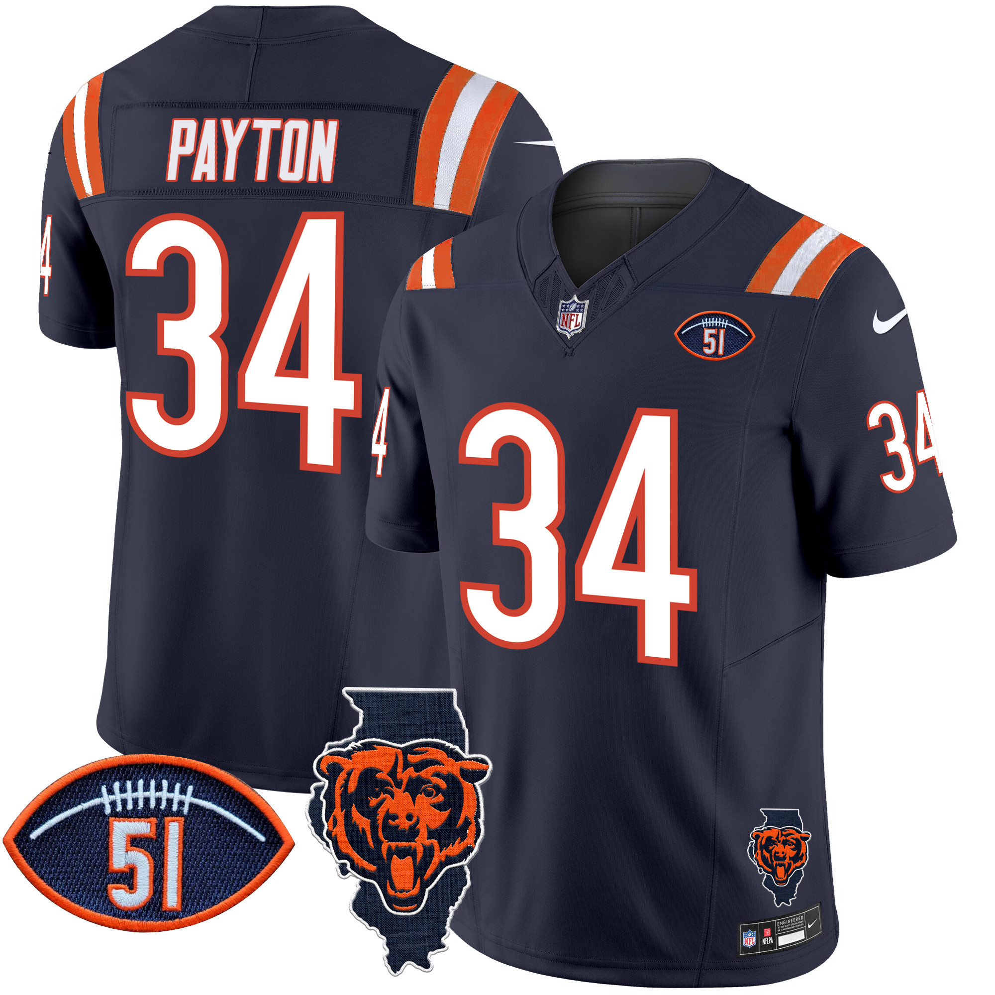 Walter Payton Men's Chicago Bears Illinois Patch Vapor Limited Navy Jersey - All Stitched