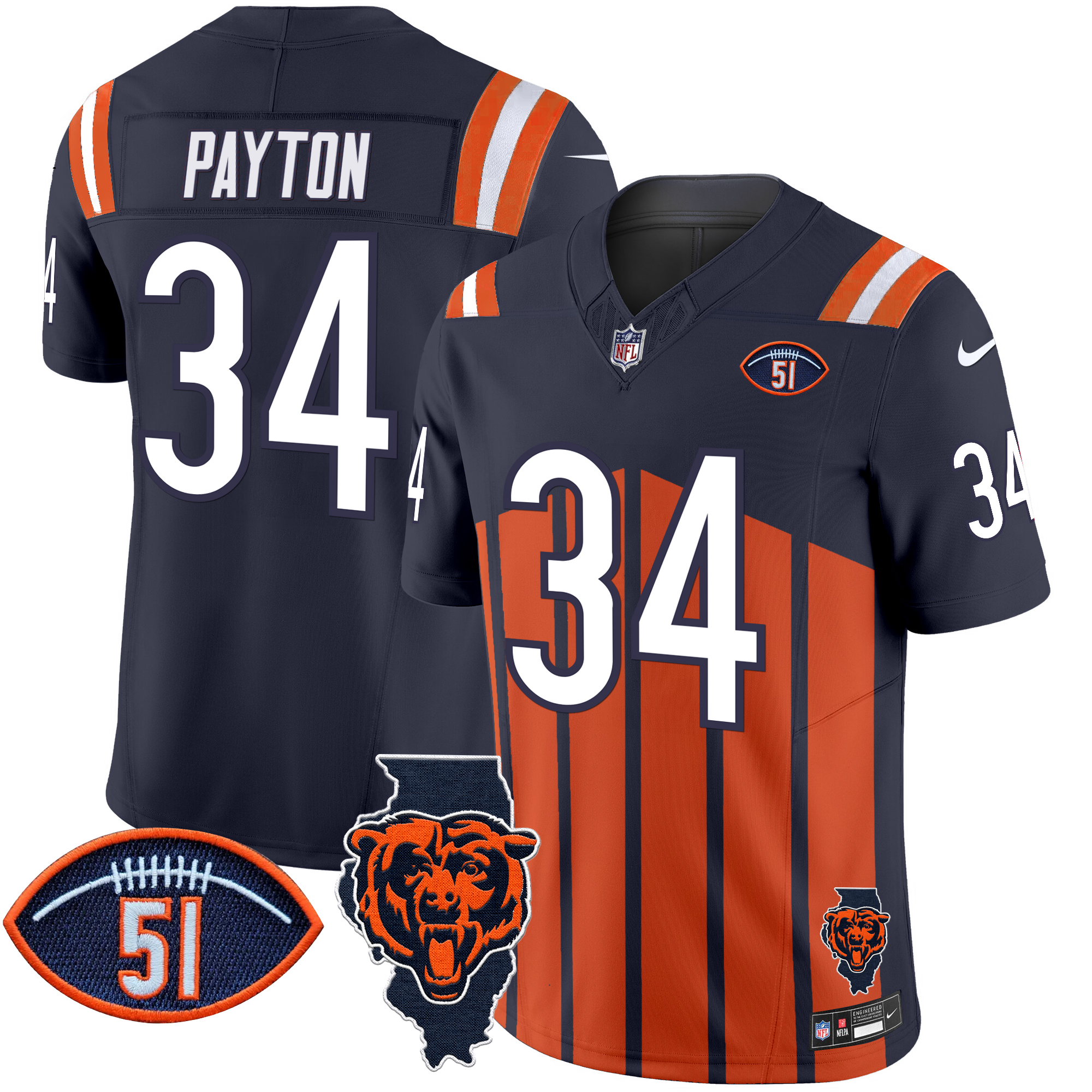 Walter Payton Men's Chicago Bears Illinois Patch Vapor Limited Navy Special Jersey - All Stitched