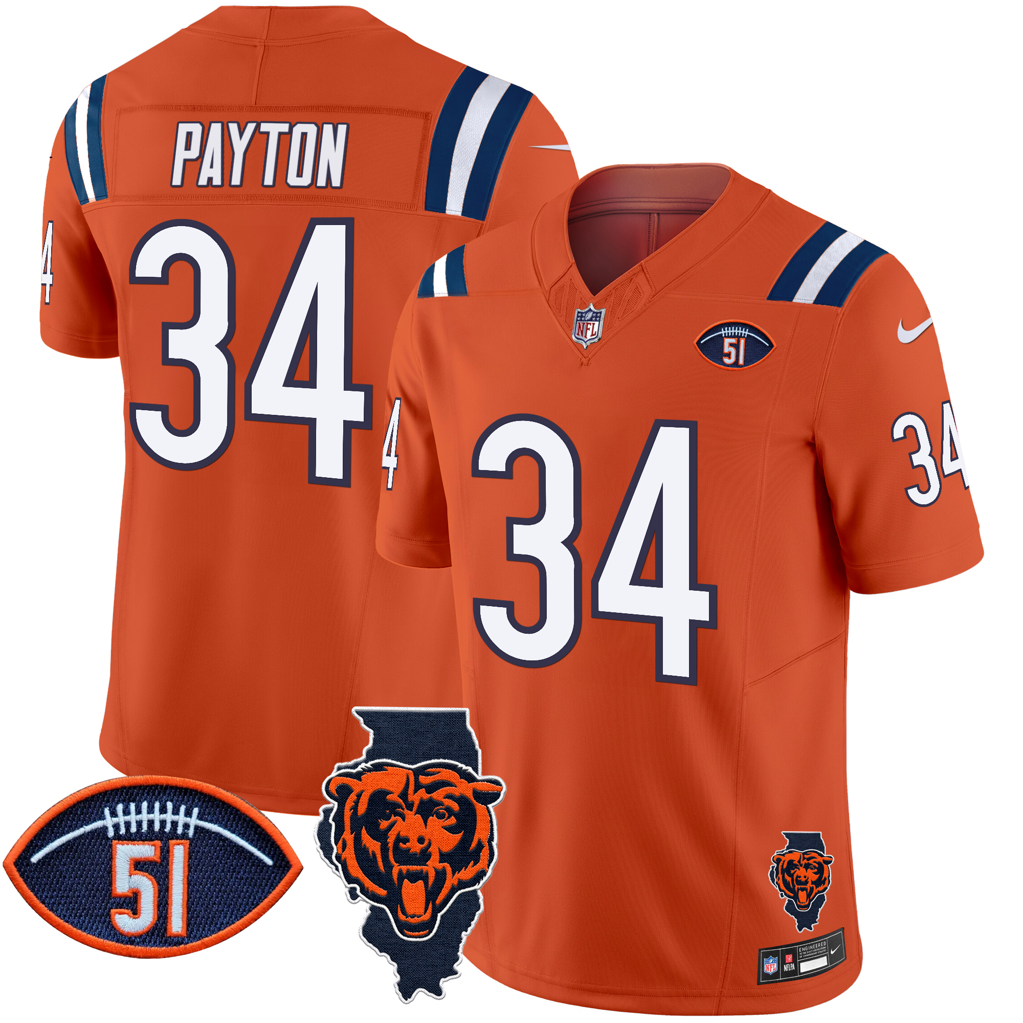 Walter Payton Men's Chicago Bears Illinois Patch Vapor Limited Orange Jersey - All Stitched