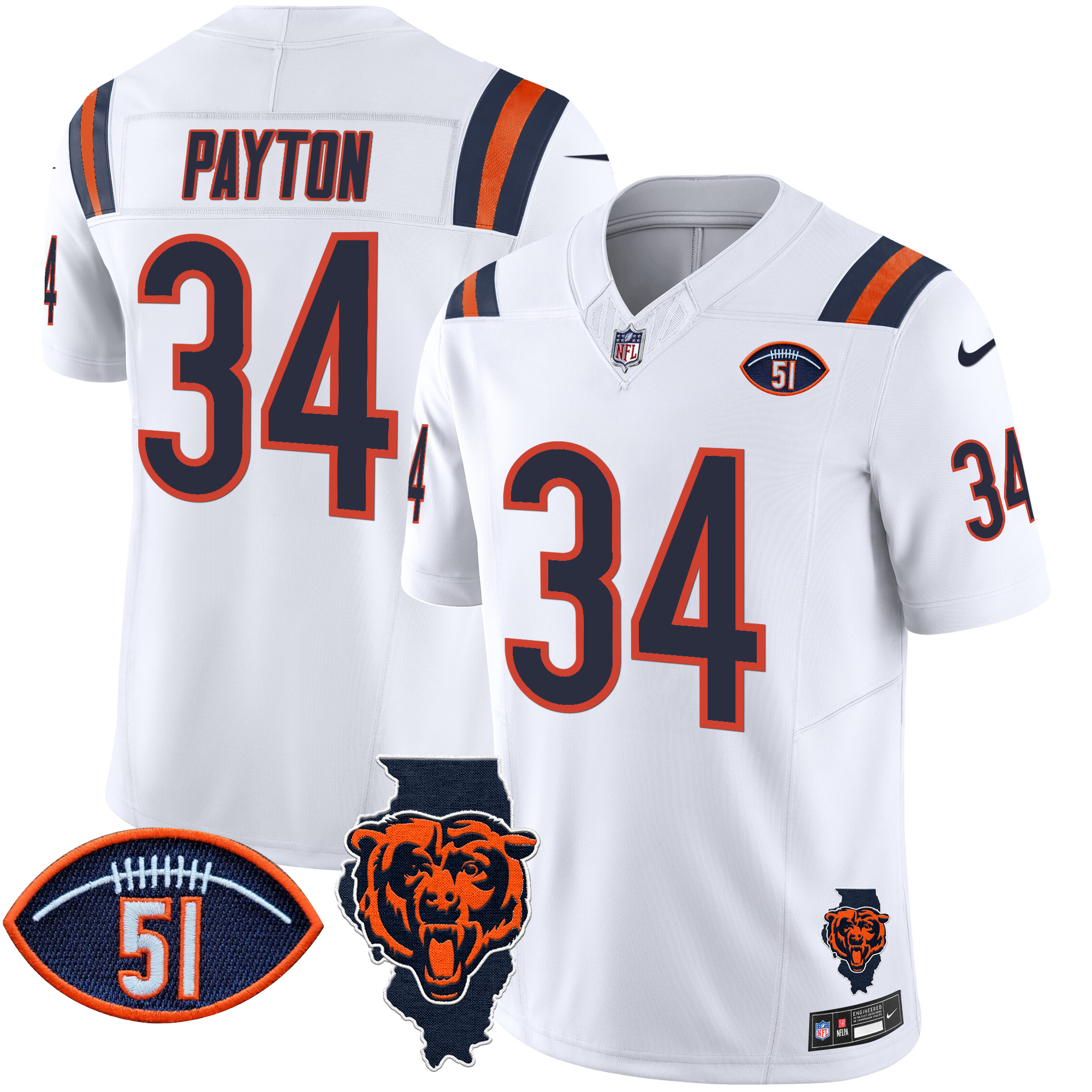 Walter Payton Men's Chicago Bears Illinois Patch Vapor Limited White Jersey - All Stitched