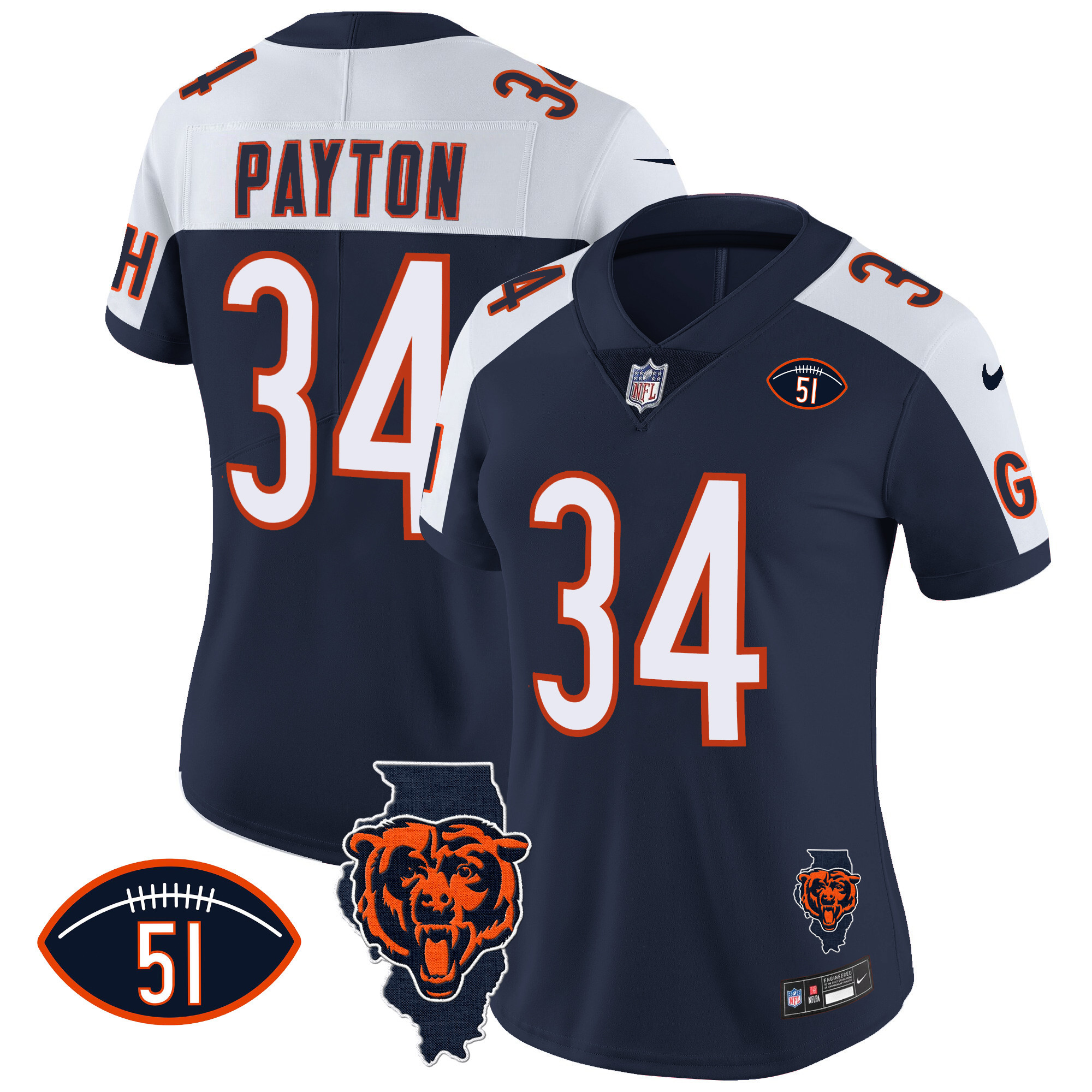 Walter Payton Women's Chicago Bears Illinois Patch Vapor Navy Alternate Jersey - All Stitched