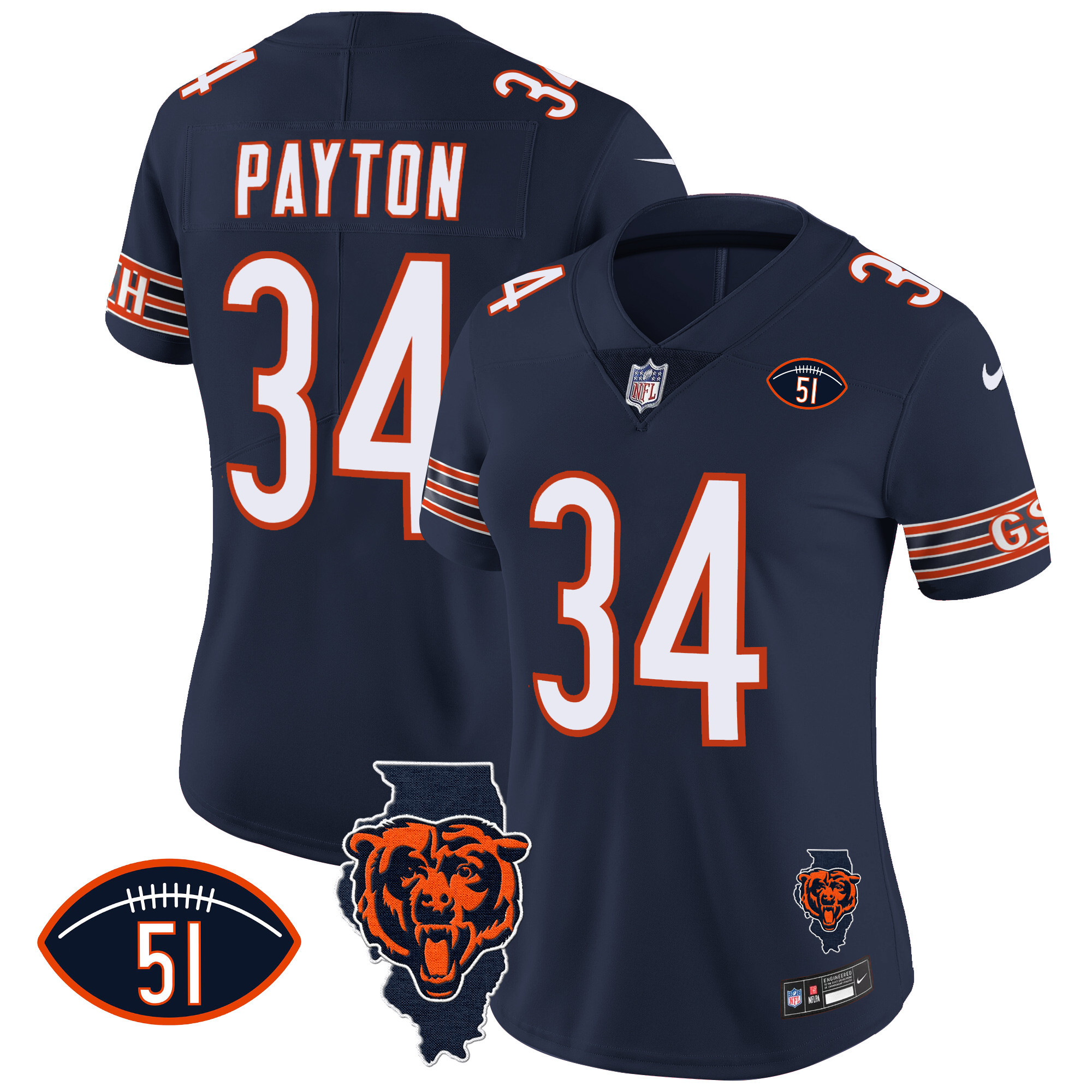 Walter Payton Women's Chicago Bears Illinois Patch Vapor Navy Jersey - All Stitched
