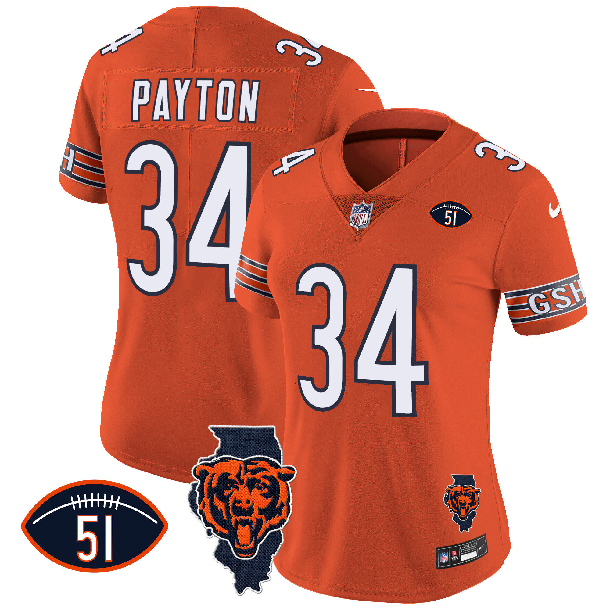Walter Payton Women's Chicago Bears Illinois Patch Vapor Orange Jersey - All Stitched