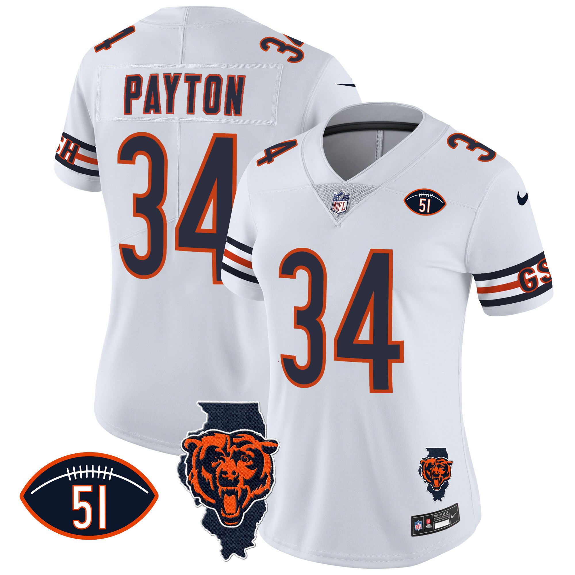 Walter Payton Women's Chicago Bears Illinois Patch Vapor White Jersey - All Stitched
