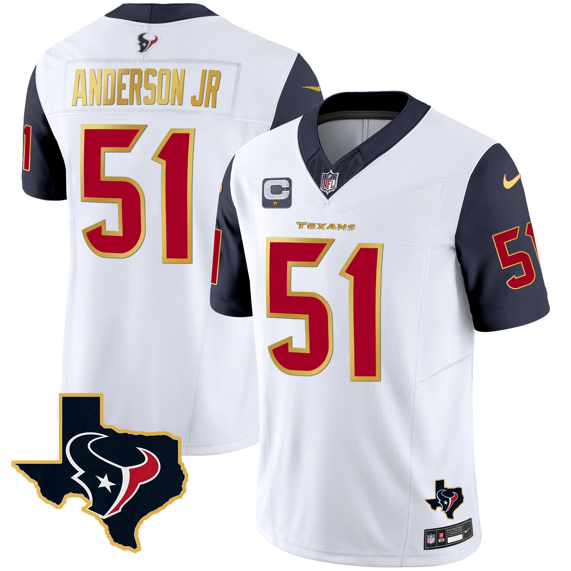 Will Anderson Jr. Men's Houston Texans Gold Trim Vapor Navy Sleeves Jersey - All Stitched