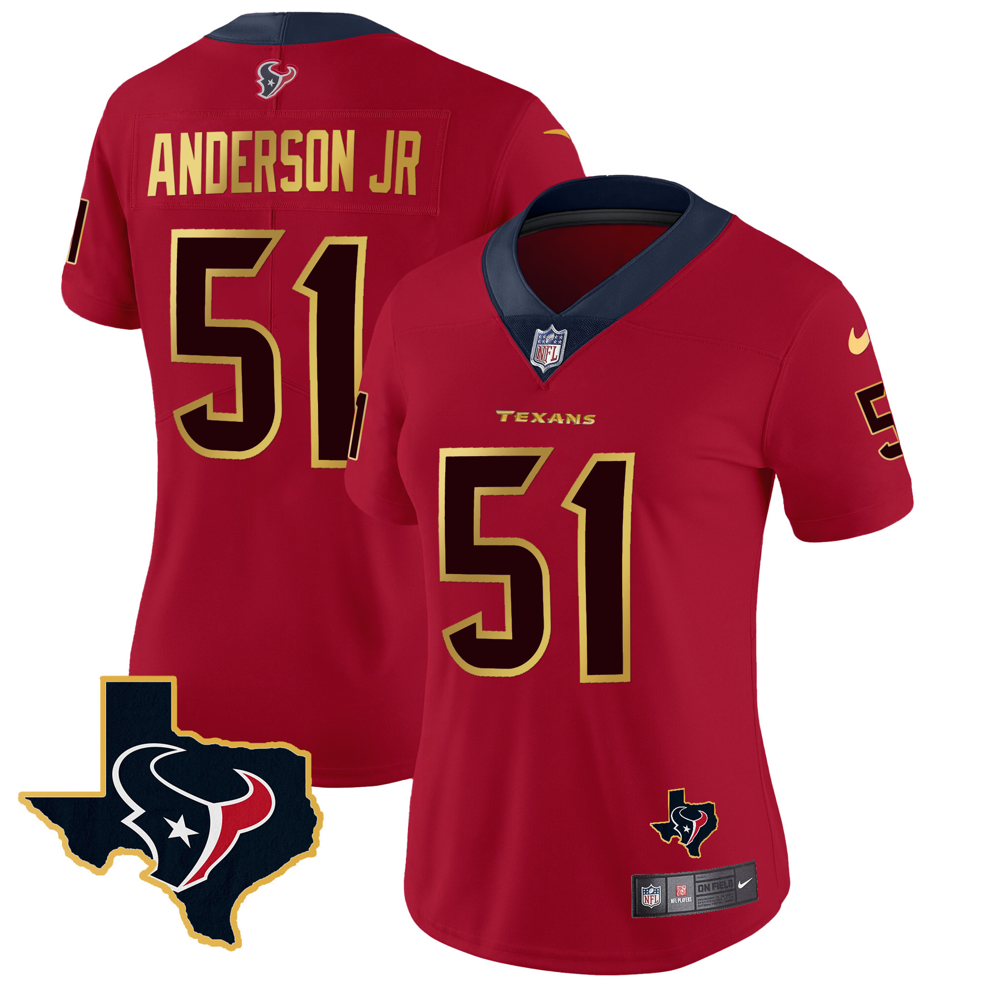 Will Anderson Jr. Women's Houston Texans Gold Trim Vapor Red Jersey - All Stitched