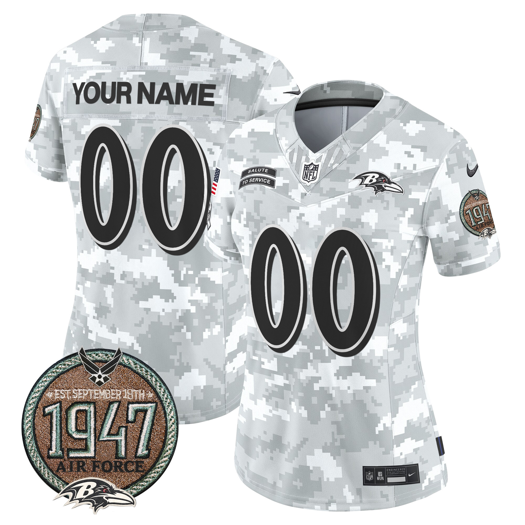 Women's Baltimore Ravens 2024 Salute to Service Establishment Year Patch Vapor Limited Custom Air Force Jersey - All Stitched