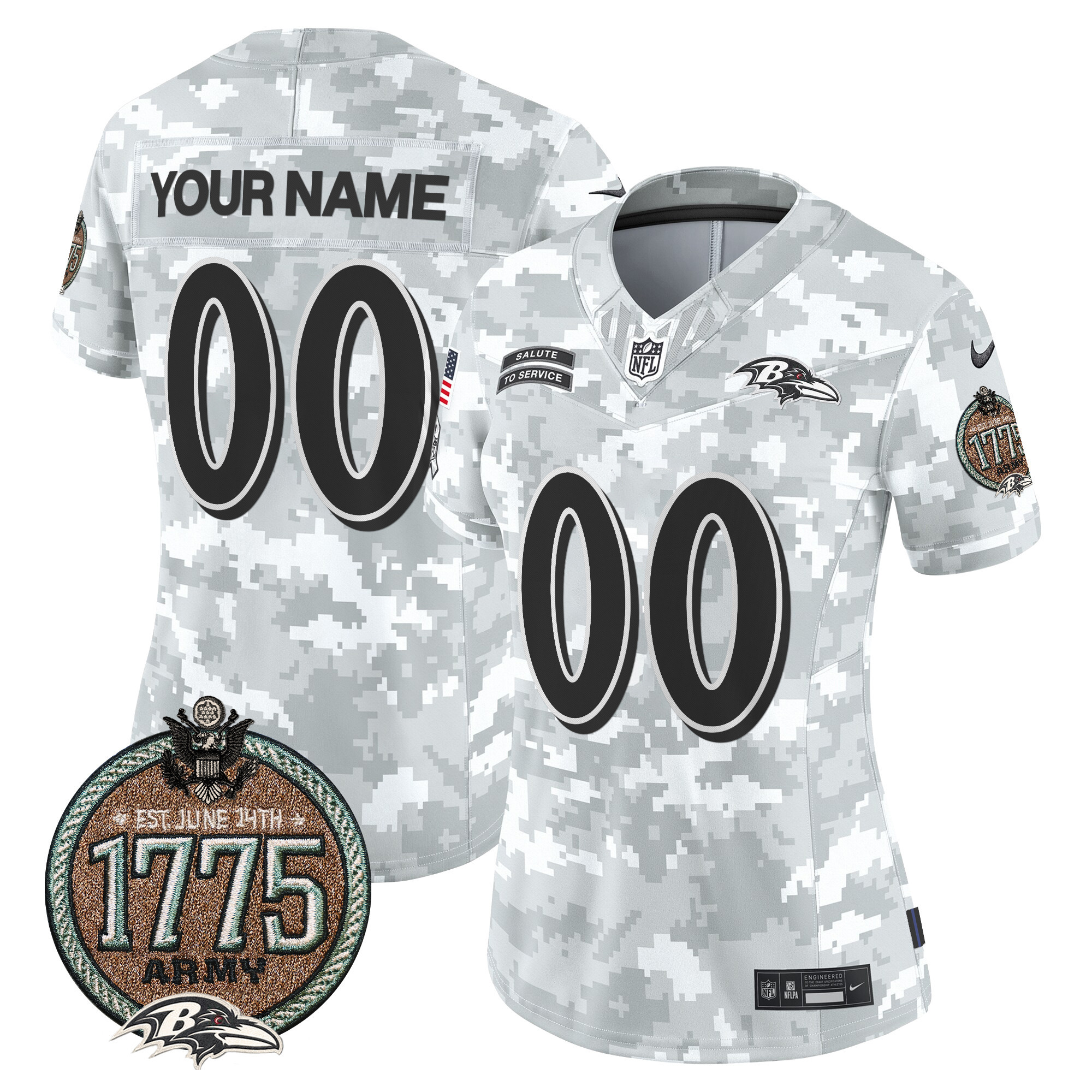 Women's Baltimore Ravens 2024 Salute to Service Establishment Year Patch Vapor Limited Custom Army Jersey - All Stitched