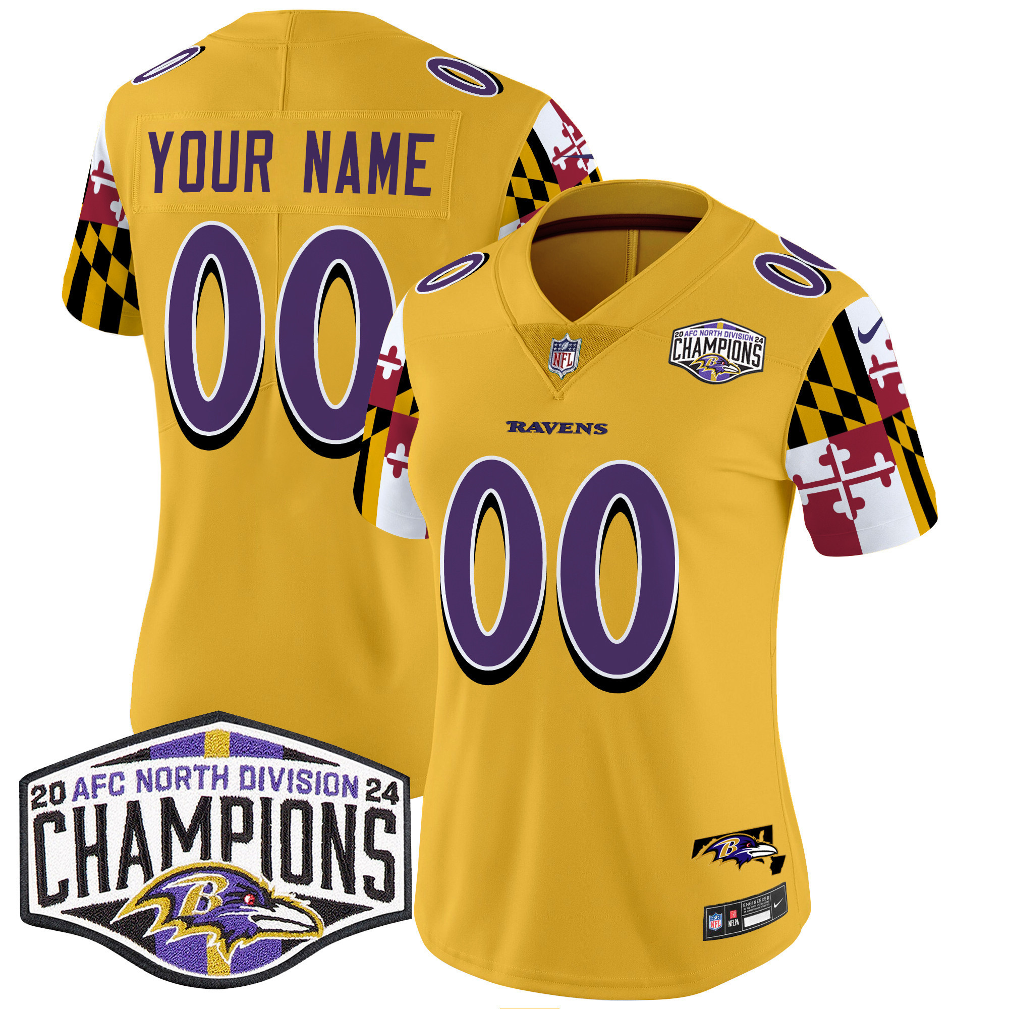 Women's Baltimore Ravens Maryland Flag 2024 AFC North Division Champions Patch Vapor Limited Custom Gold Jersey - All Stitched