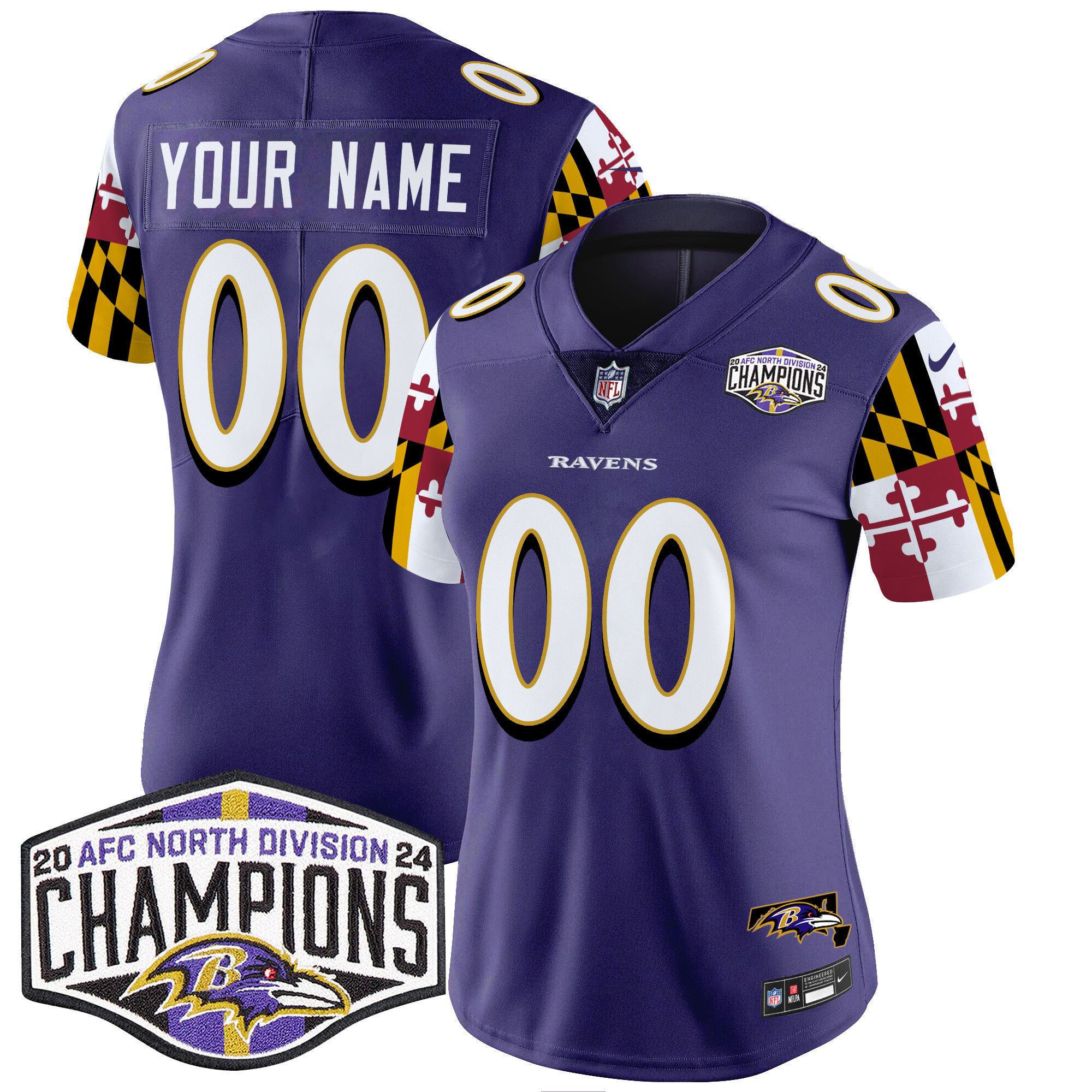 Women's Baltimore Ravens Maryland Flag 2024 AFC North Division Champions Patch Vapor Limited Custom Purple Jersey - All Stitched