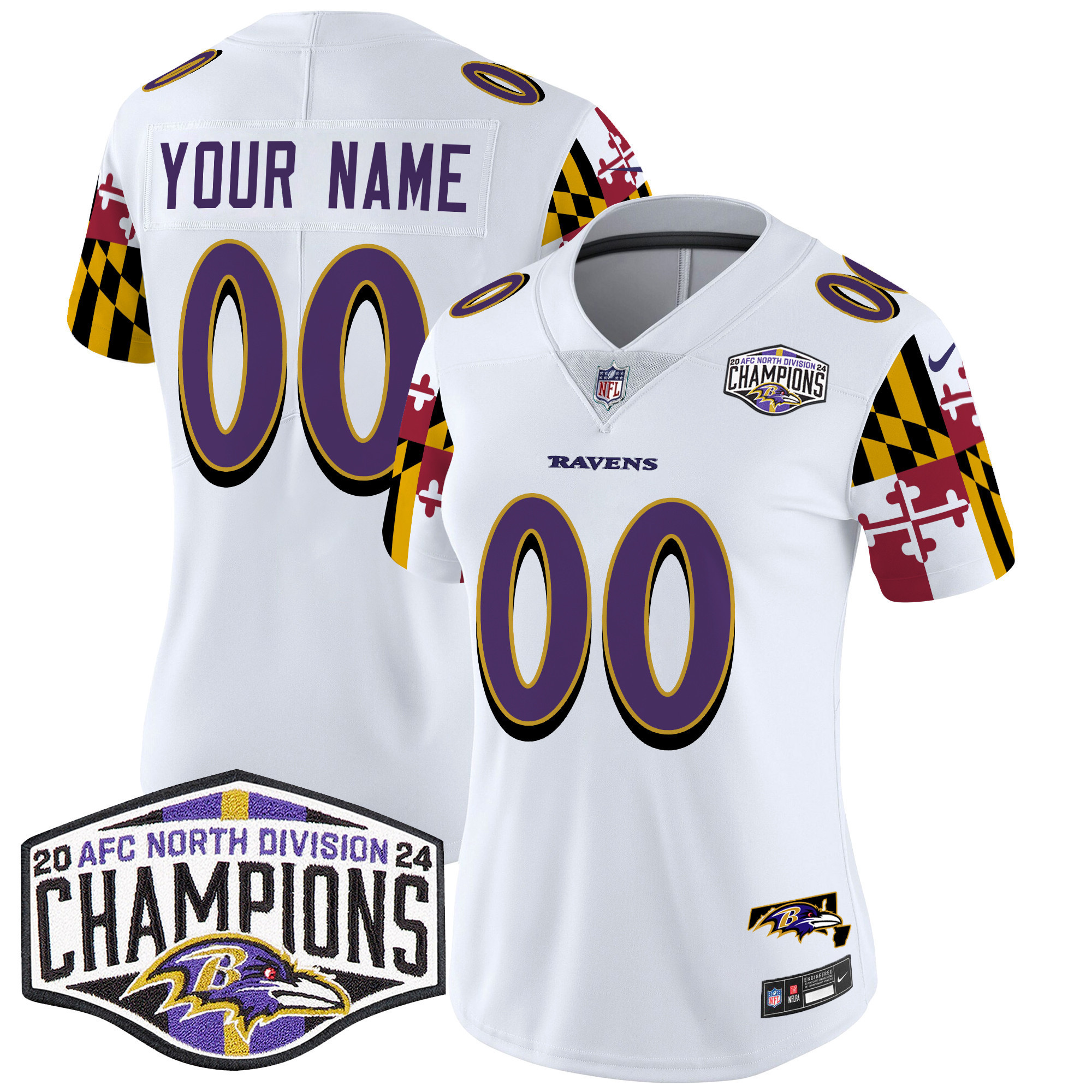 Women's Baltimore Ravens Maryland Flag 2024 AFC North Division Champions Patch Vapor Limited Custom White Jersey - All Stitched