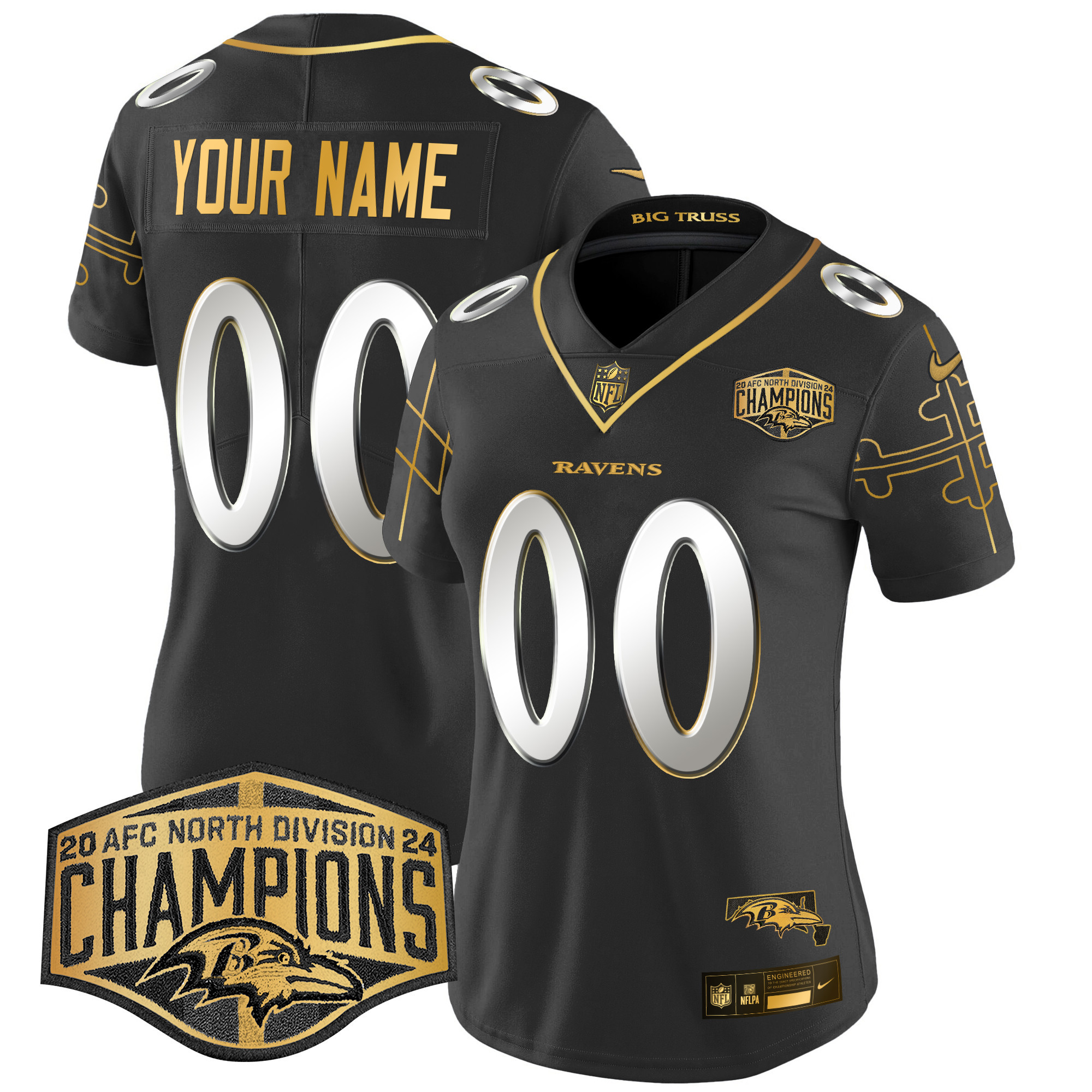 Women's Baltimore Ravens Maryland Flag Map 2024 AFC North Division Champions Patch Gold Vapor Limited Custom Black Limited Jersey - All Stitched
