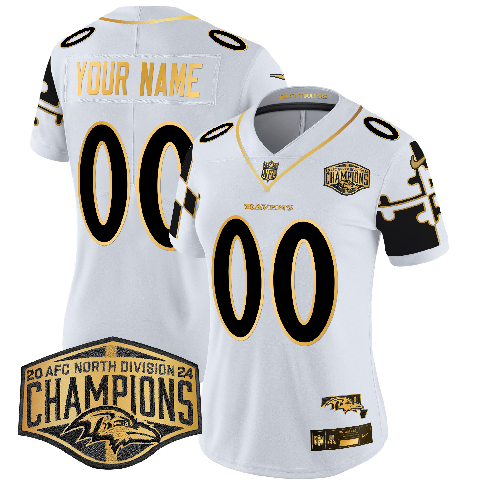 Women's Baltimore Ravens Maryland Flag Map 2024 AFC North Division Champions Patch Gold Vapor Limited Custom White Gold Jersey - All Stitched