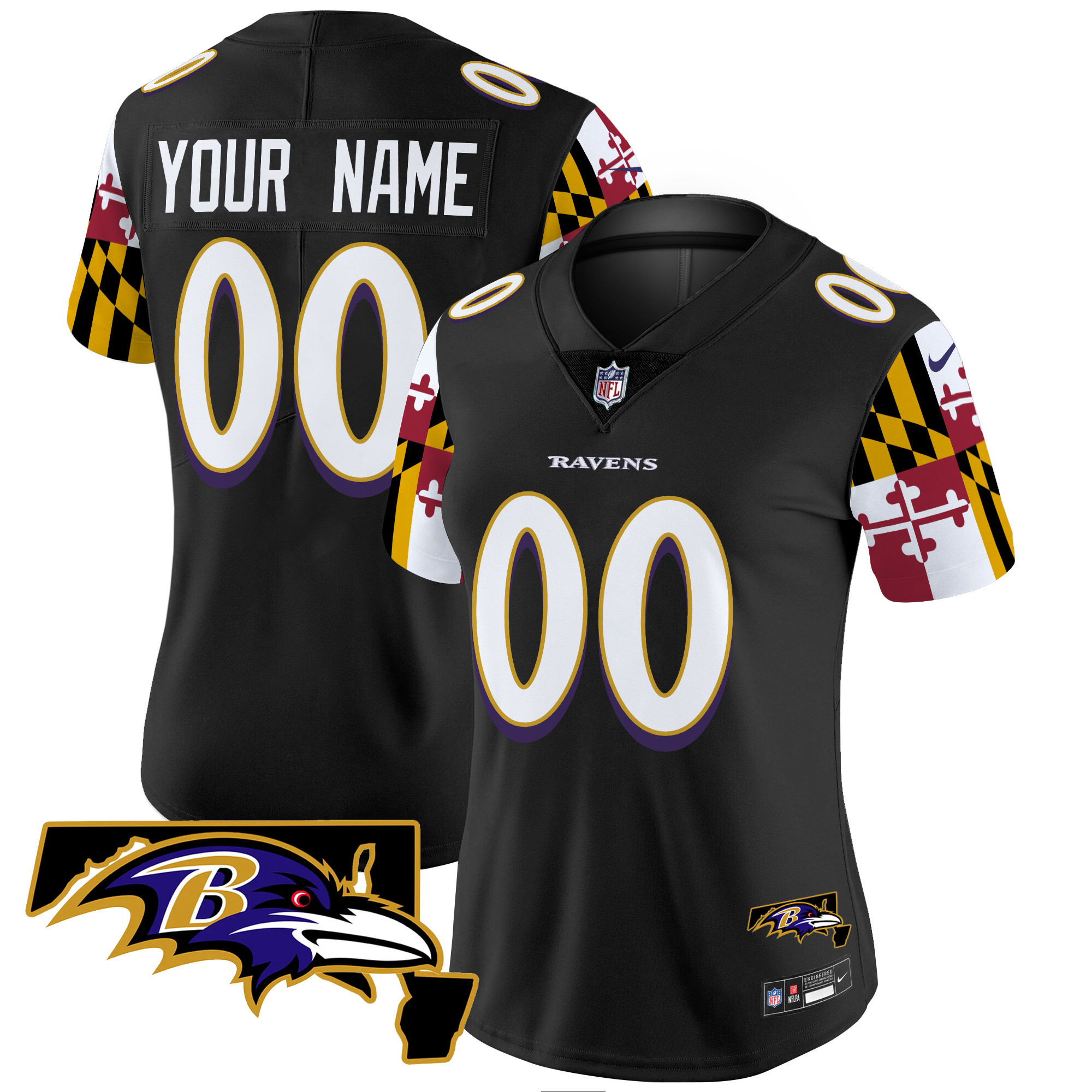 Women's Baltimore Ravens Maryland Flag Vapor Limited Custom Black Jersey - All Stitched