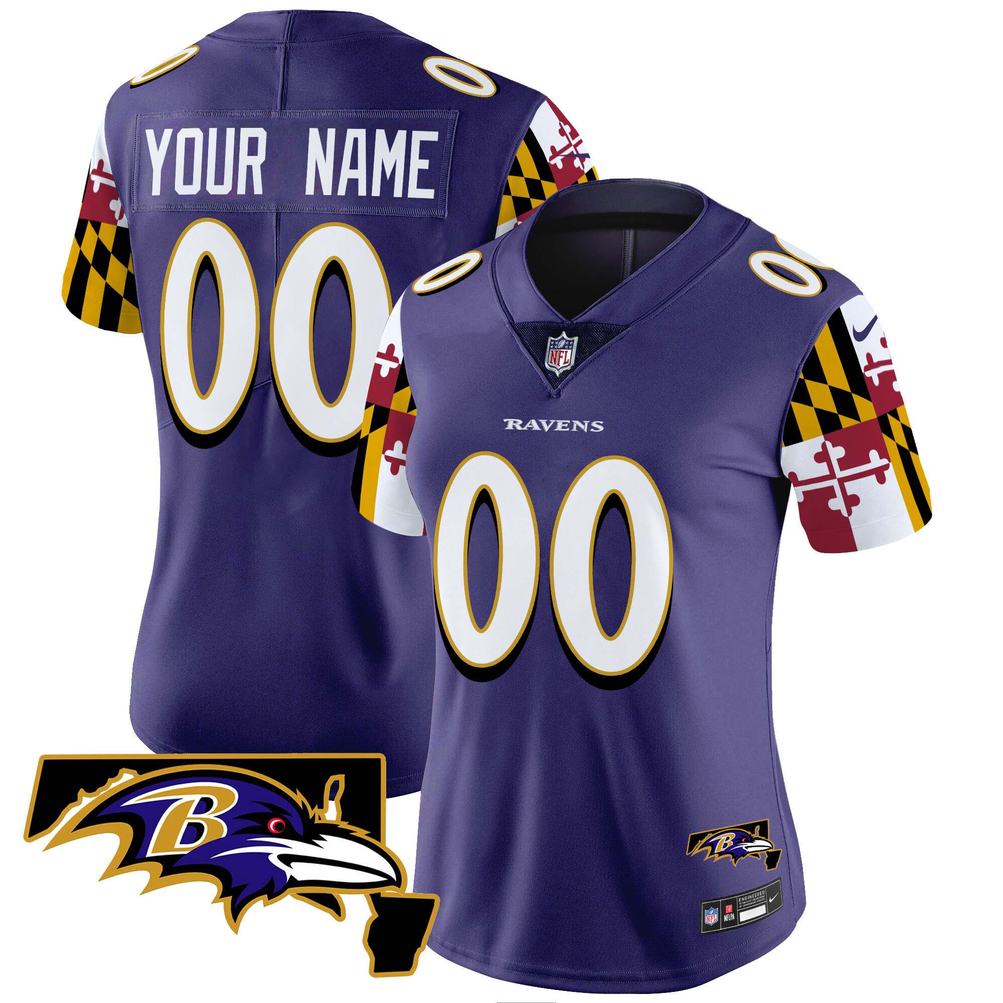 Women's Baltimore Ravens Maryland Flag Vapor Limited Custom Purple Jersey - All Stitched