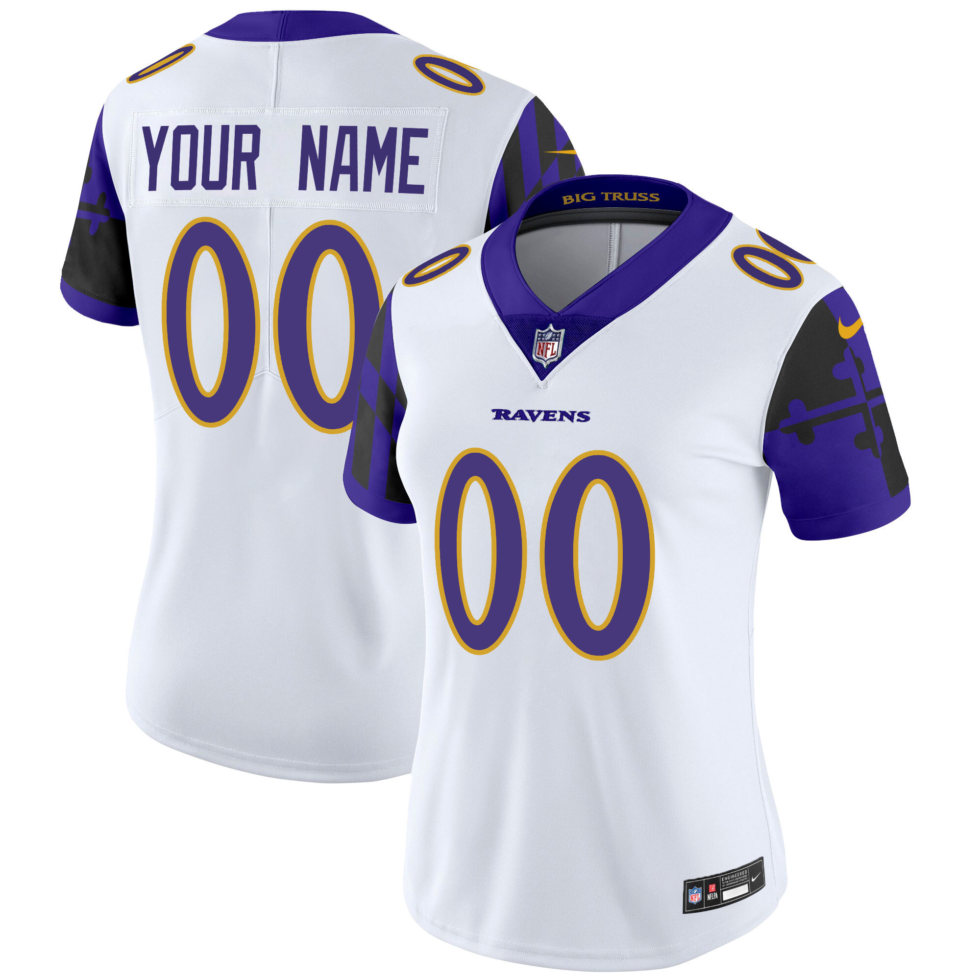 Women's Baltimore Ravens Maryland Flag Vapor Limited Custom White Jersey - All Stitched