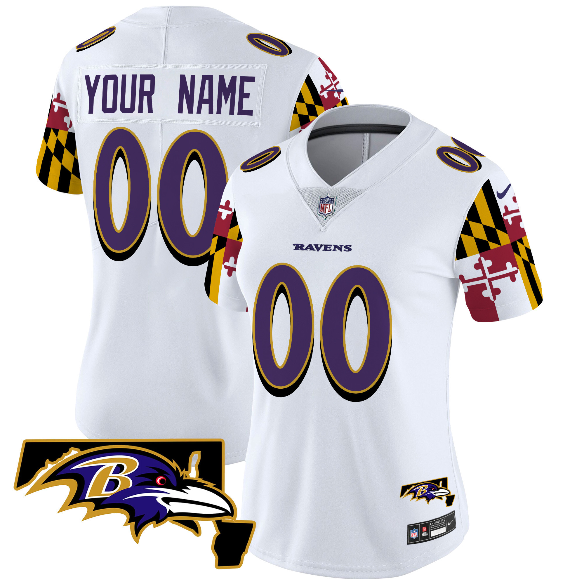 Women's Baltimore Ravens Maryland Flag Vapor Limited Custom White Jersey - All Stitched