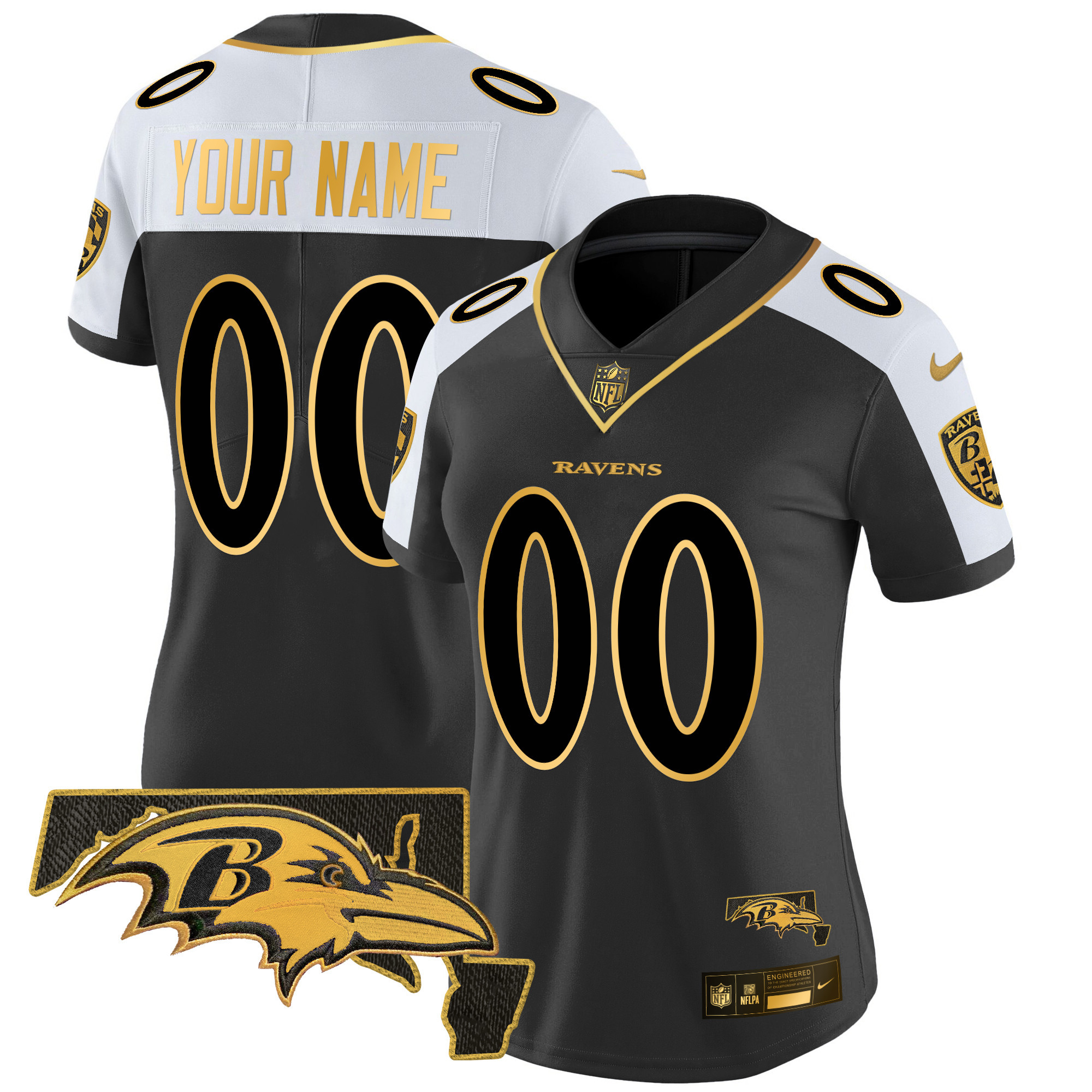 Women's Baltimore Ravens Maryland Patch Gold Vapor Limited Custom Alternate Jersey - All Stitched