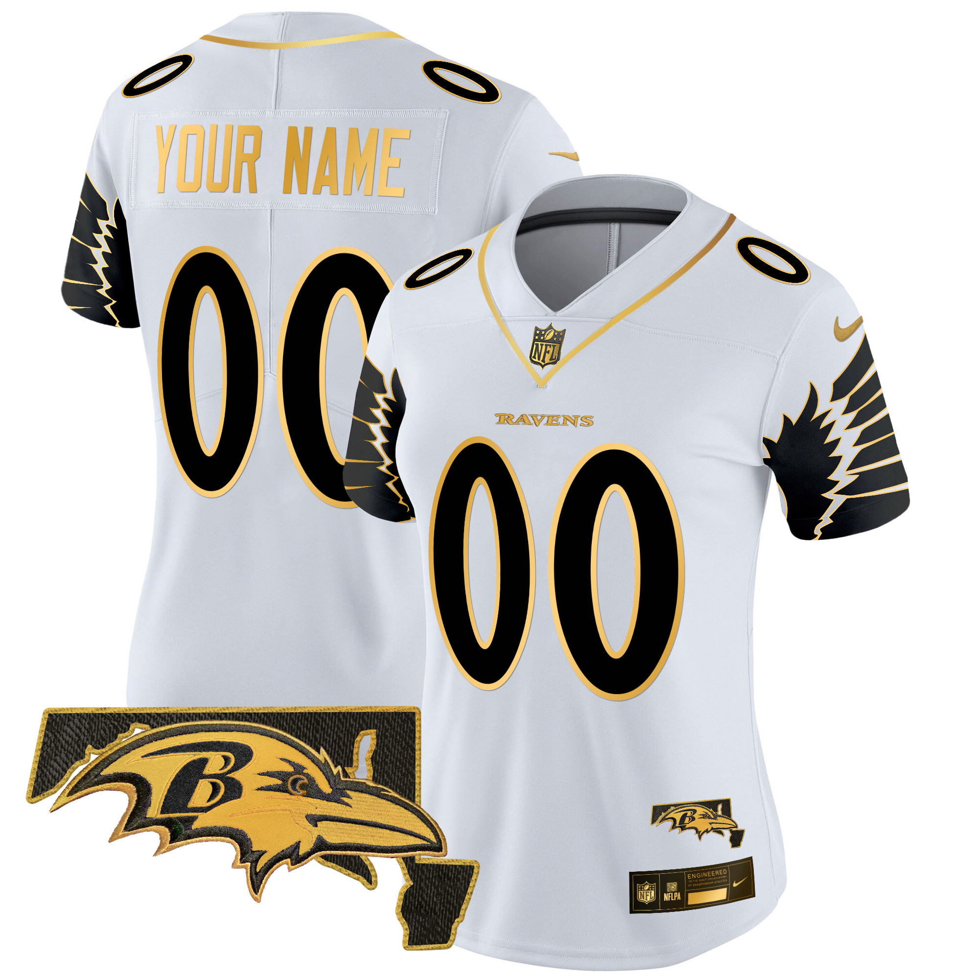 Women's Baltimore Ravens Maryland Patch Gold Vapor Limited Custom White Gold Jersey - All Stitched
