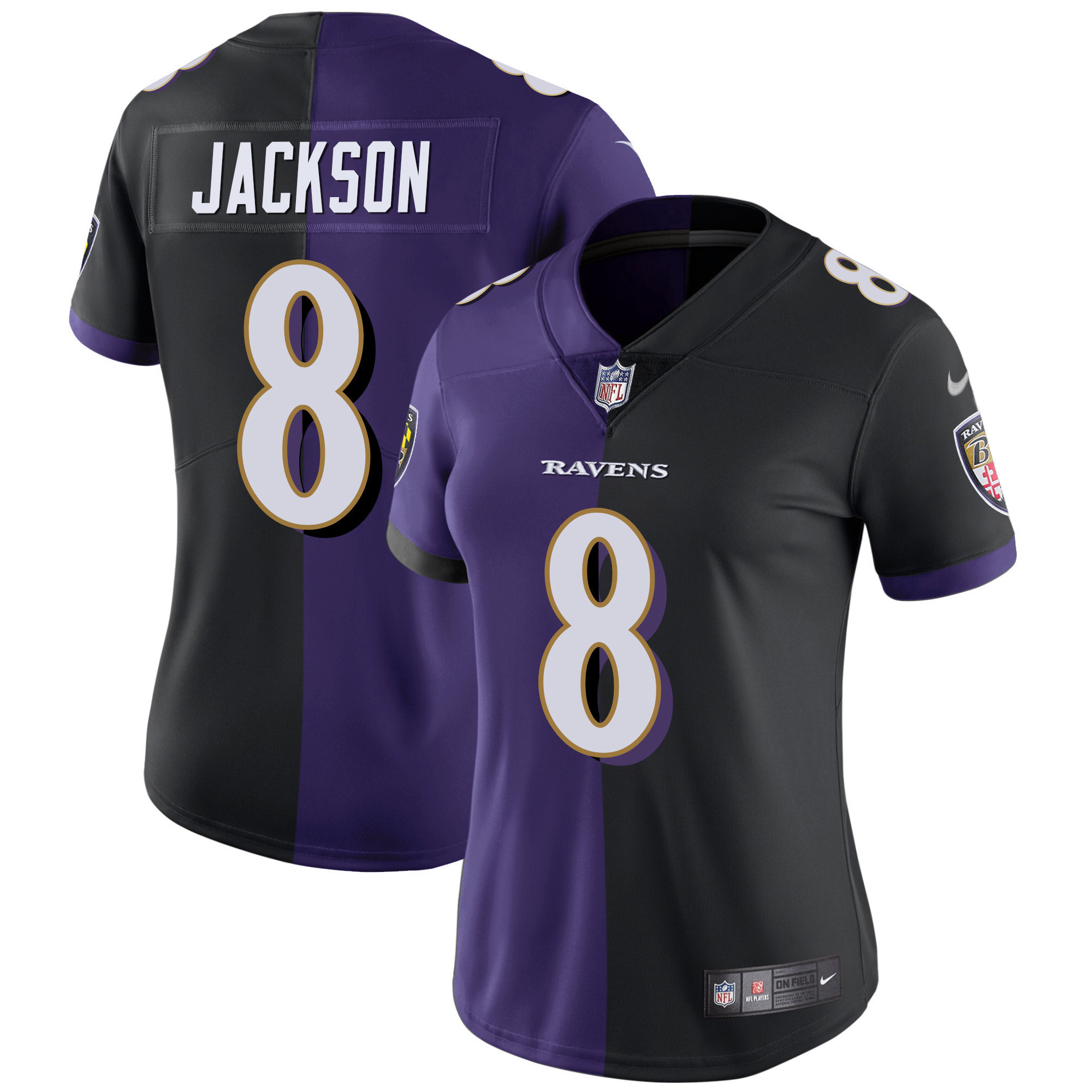 Women's Baltimore Ravens Split Vapor Lamar Jackson Jersey - All Stitched