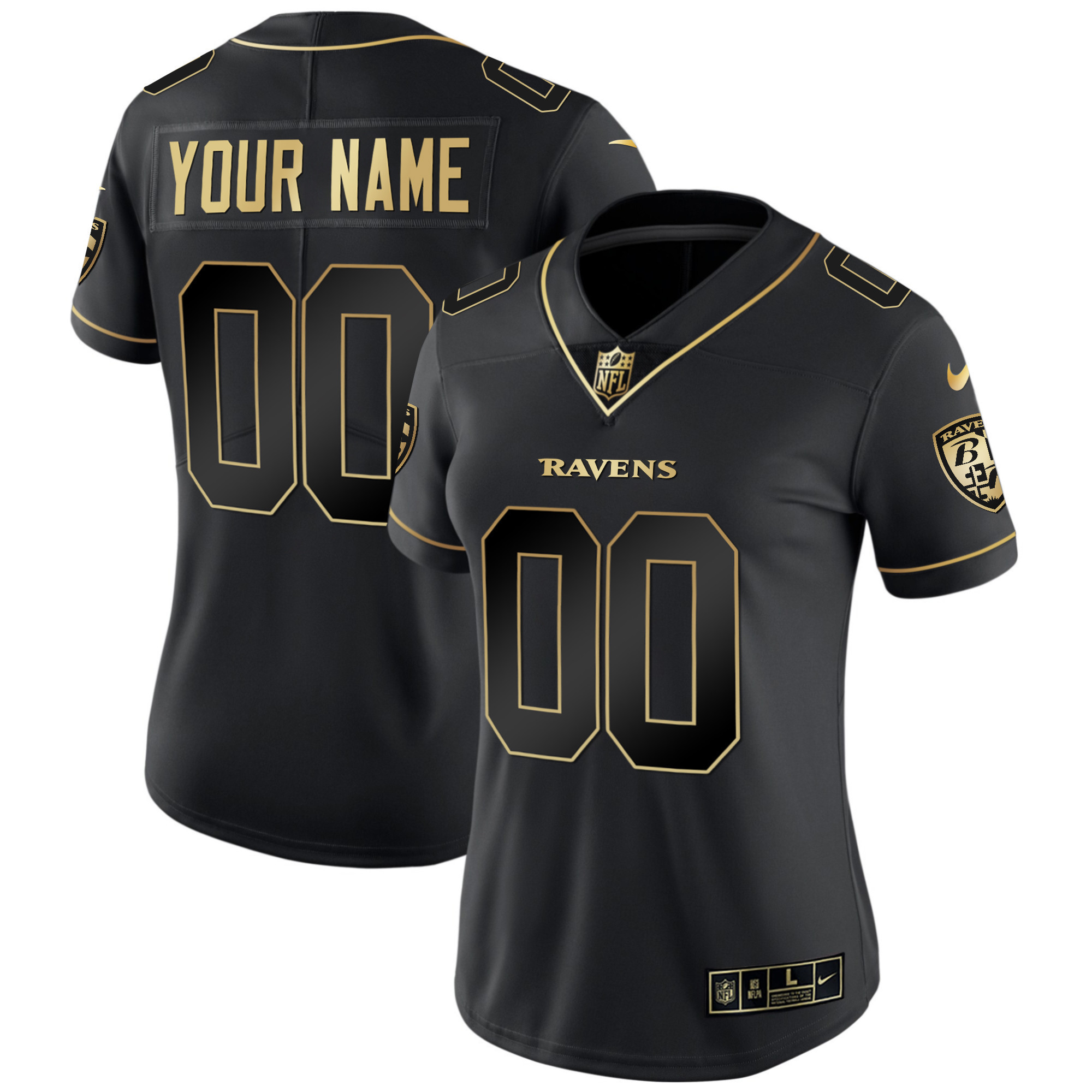 Women's Baltimore Ravens Vapor Gold Custom Name and Number - All Stitched Black Gold Jersey - All Stitched