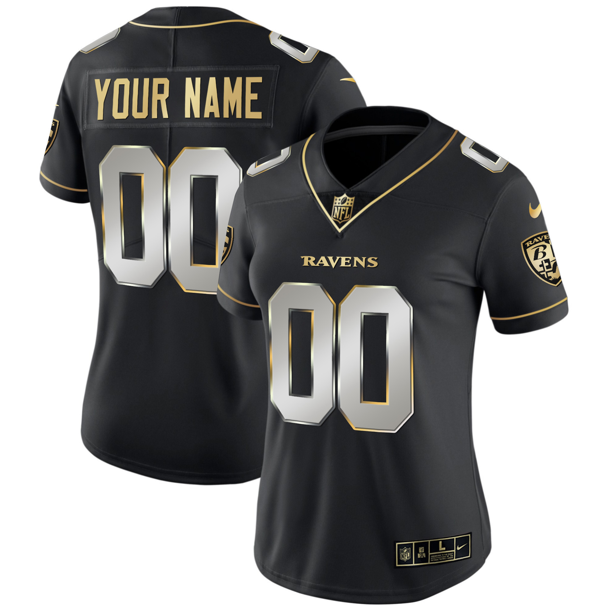 Women's Baltimore Ravens Vapor Gold Custom Name and Number - All Stitched Black Limited Jersey - All Stitched