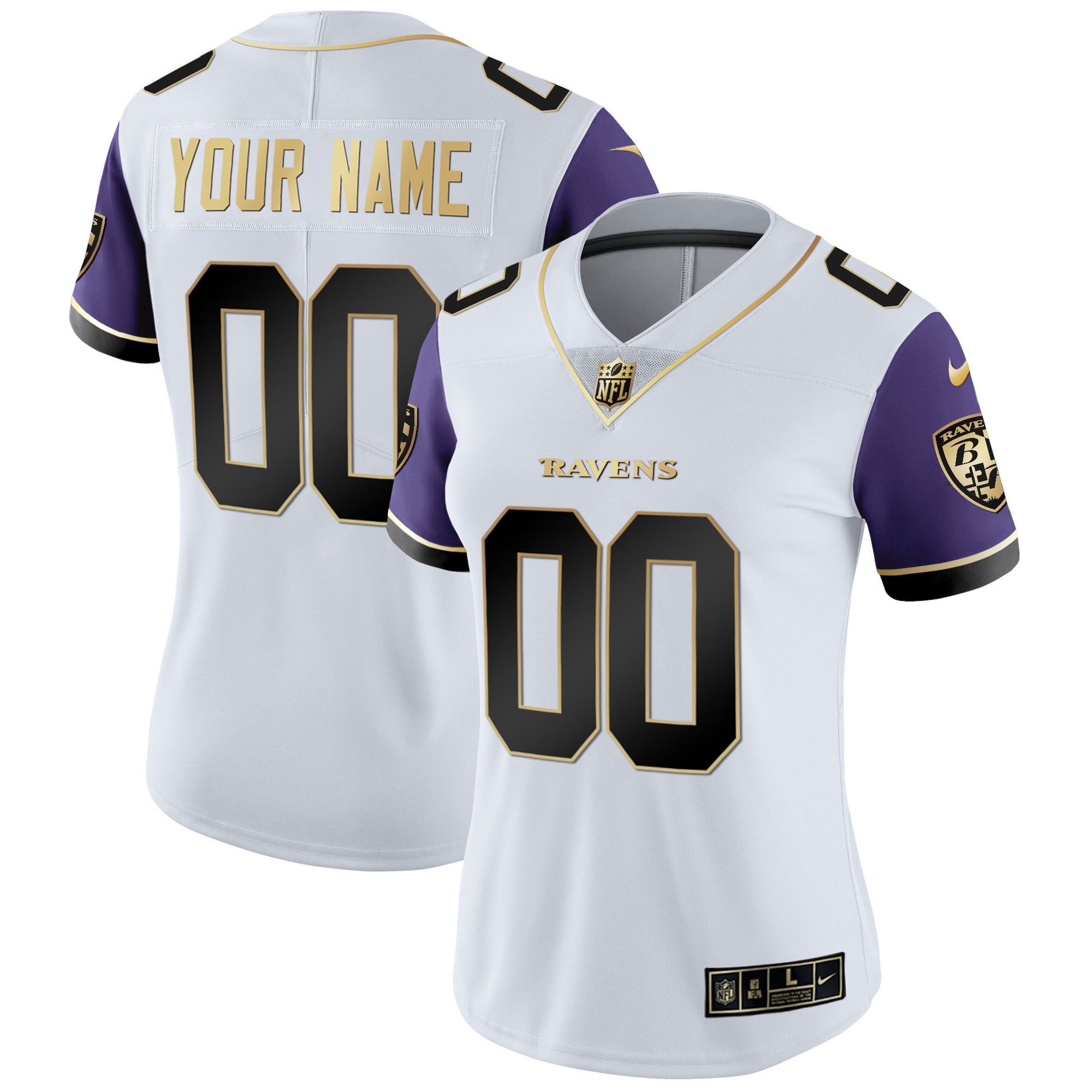 Women's Baltimore Ravens Vapor Gold Custom Name and Number - All Stitched Color Sleeve Jersey - All Stitched