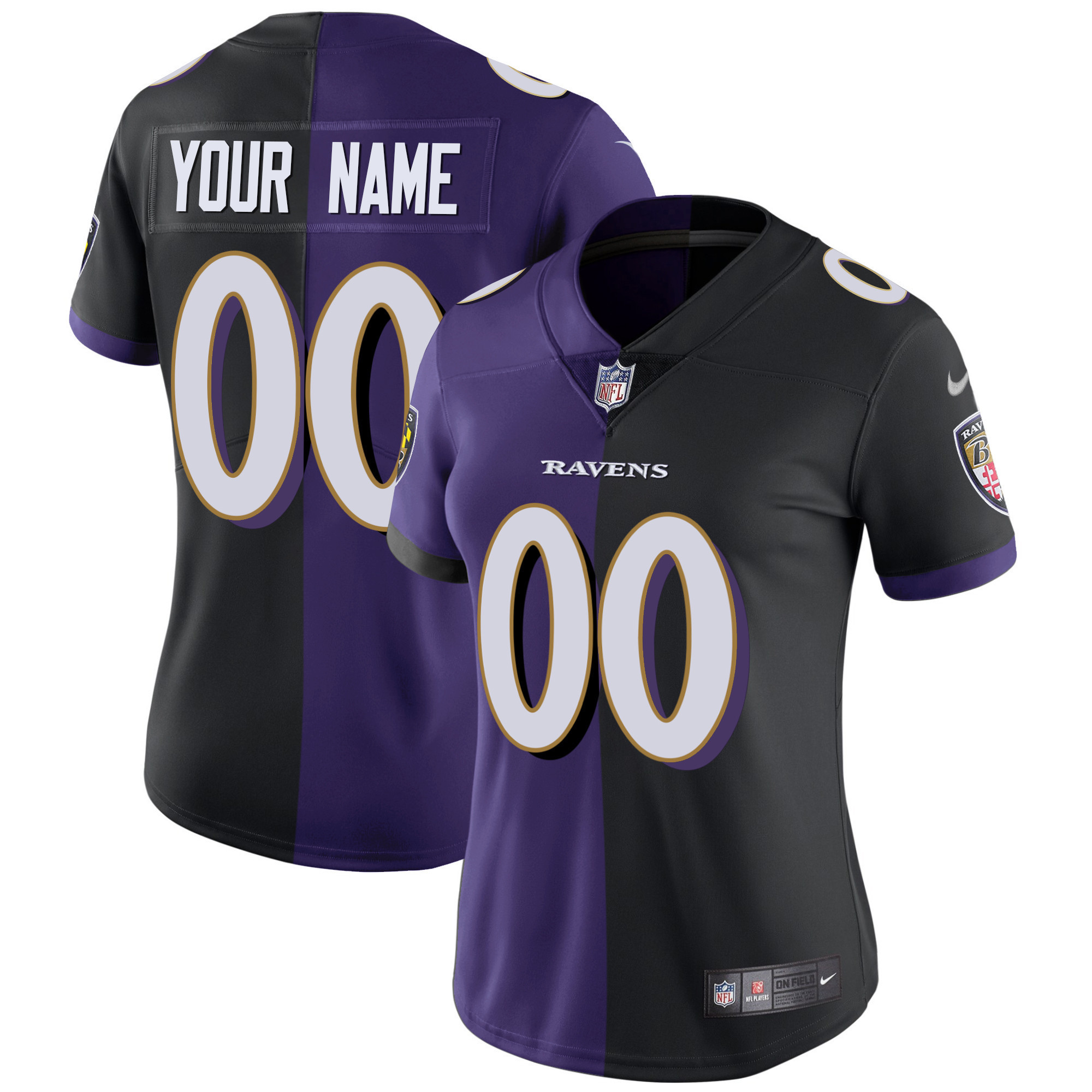 Women's Baltimore Ravens Vapor Gold Custom Name and Number - All Stitched Split Black Purple Jersey - All Stitched