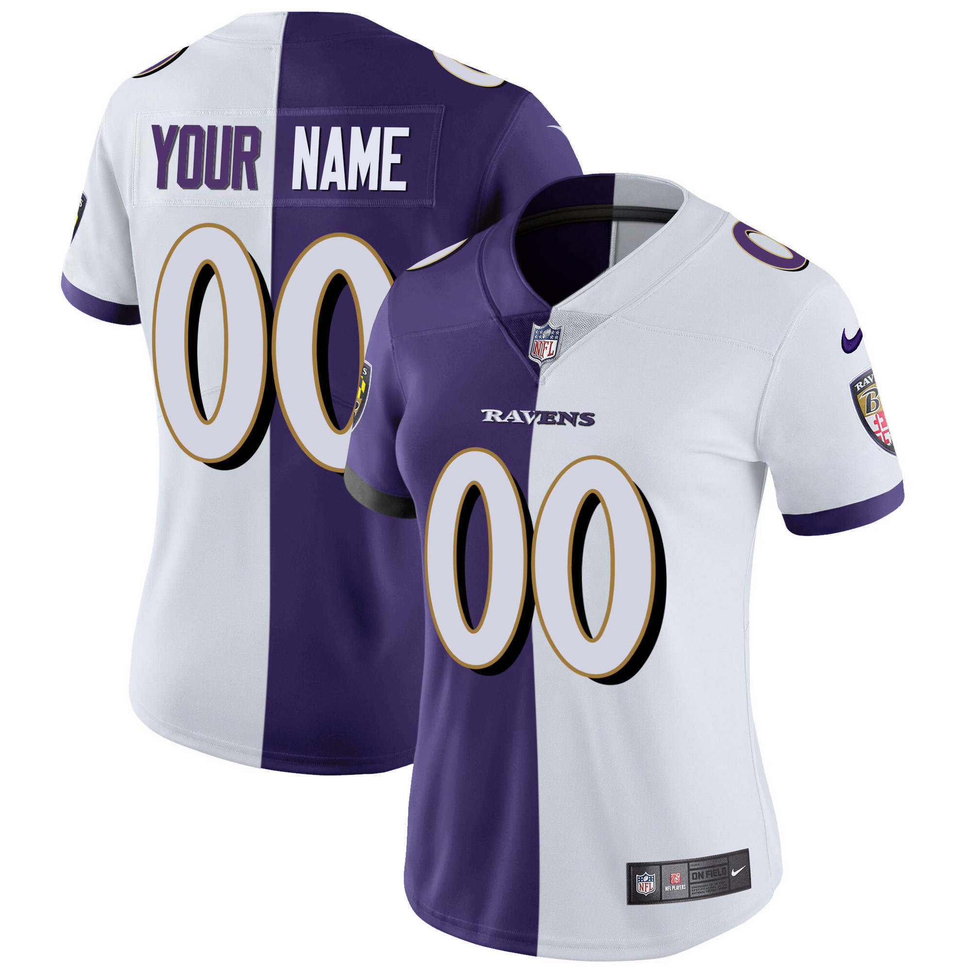 Women's Baltimore Ravens Vapor Gold Custom Name and Number - All Stitched Split White Purple Jersey - All Stitched