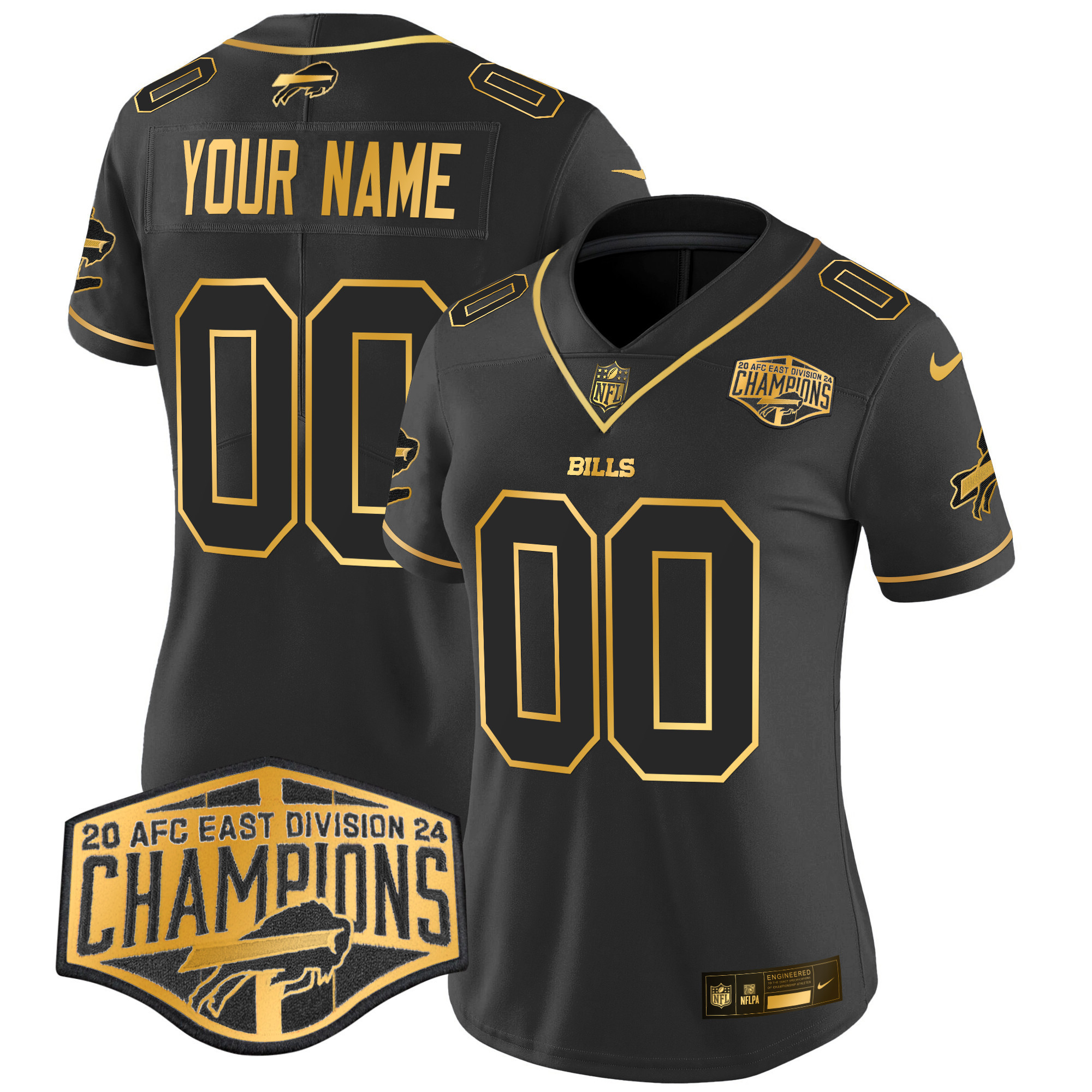 Women's Buffalo Bills 2024 AFC East Division Champions Gold Vapor Limited Custom Black Gold Jersey - All Stitched