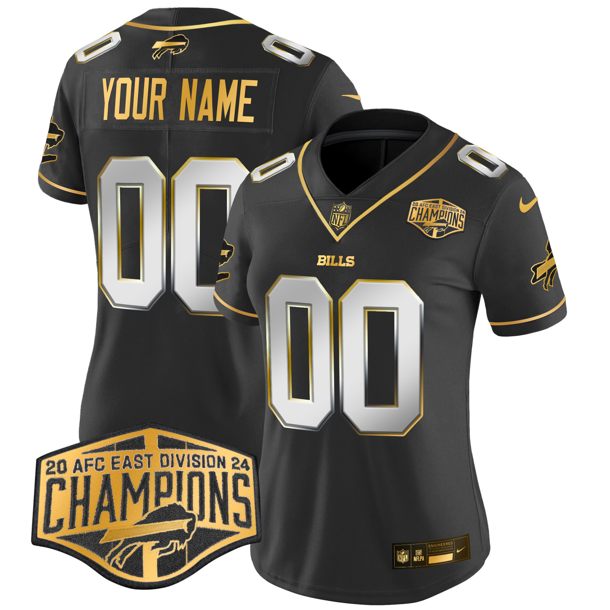 Women's Buffalo Bills 2024 AFC East Division Champions Gold Vapor Limited Custom Black Limited Jersey - All Stitched