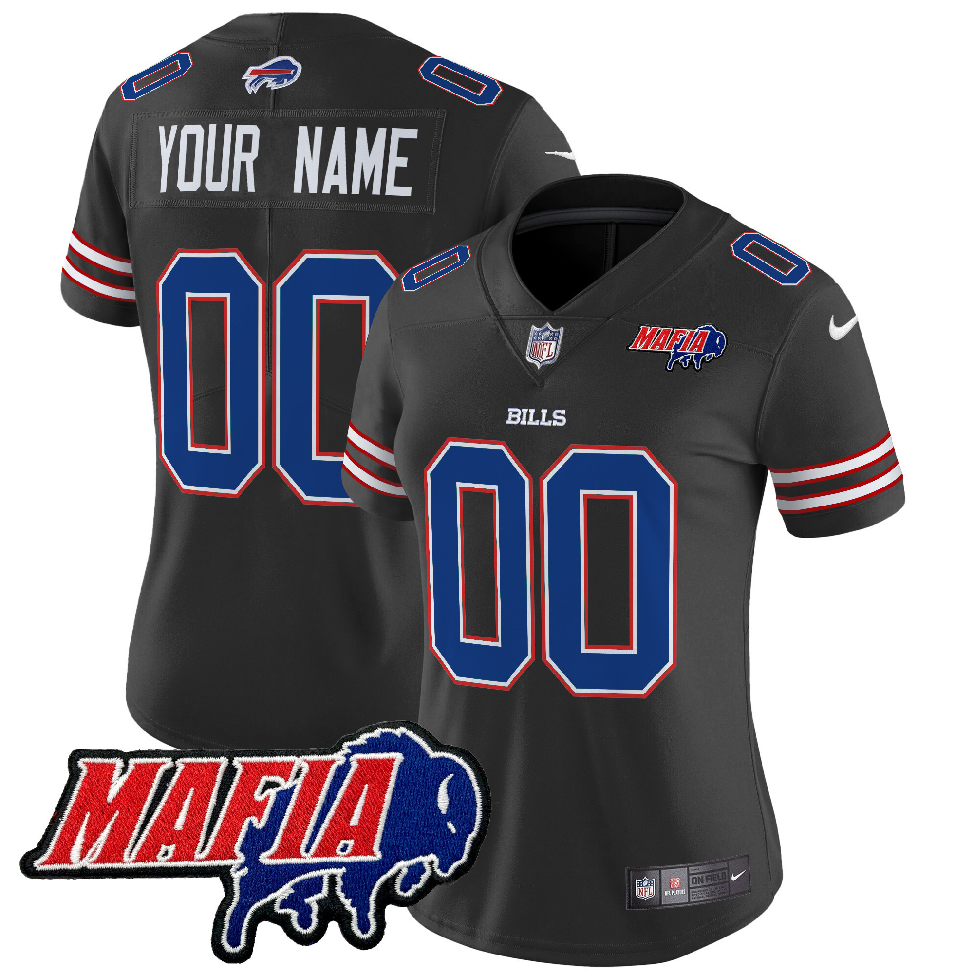 Women's Buffalo Bills 2024 Buffalo Bills Mafia Patch Vapor Limited Custom Black Jersey - All Stitched