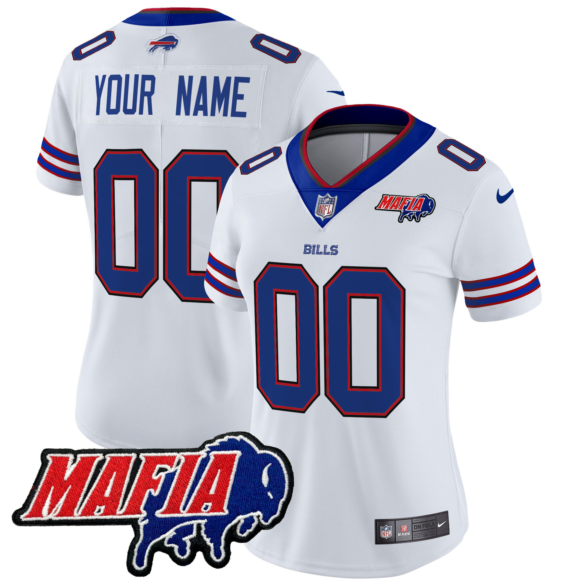 Women's Buffalo Bills 2024 Buffalo Bills Mafia Patch Vapor Limited Custom White Jersey - All Stitched