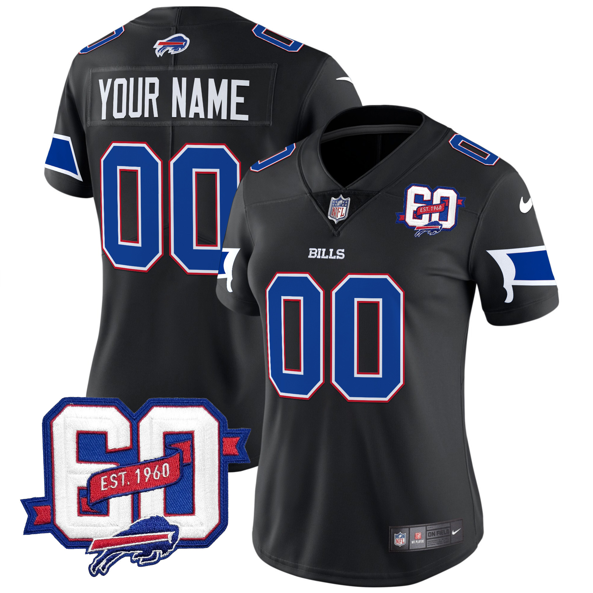 Women's Buffalo Bills 60th Anniversary Patch Vapor Limited Custom Black Jersey - All Stitched