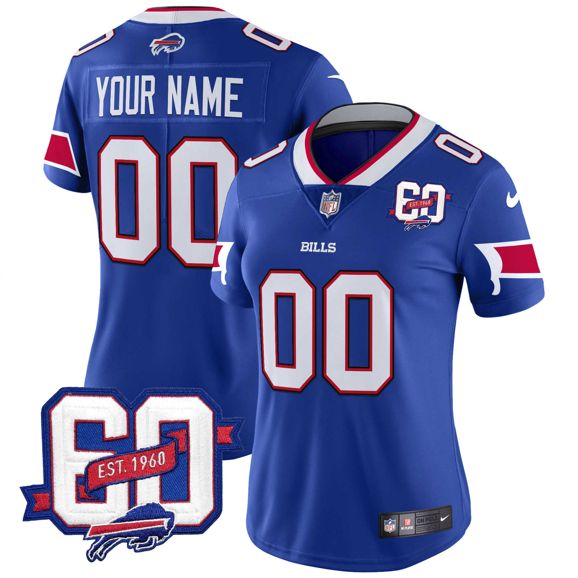 Women's Buffalo Bills 60th Anniversary Patch Vapor Limited Custom Royal Jersey - All Stitched