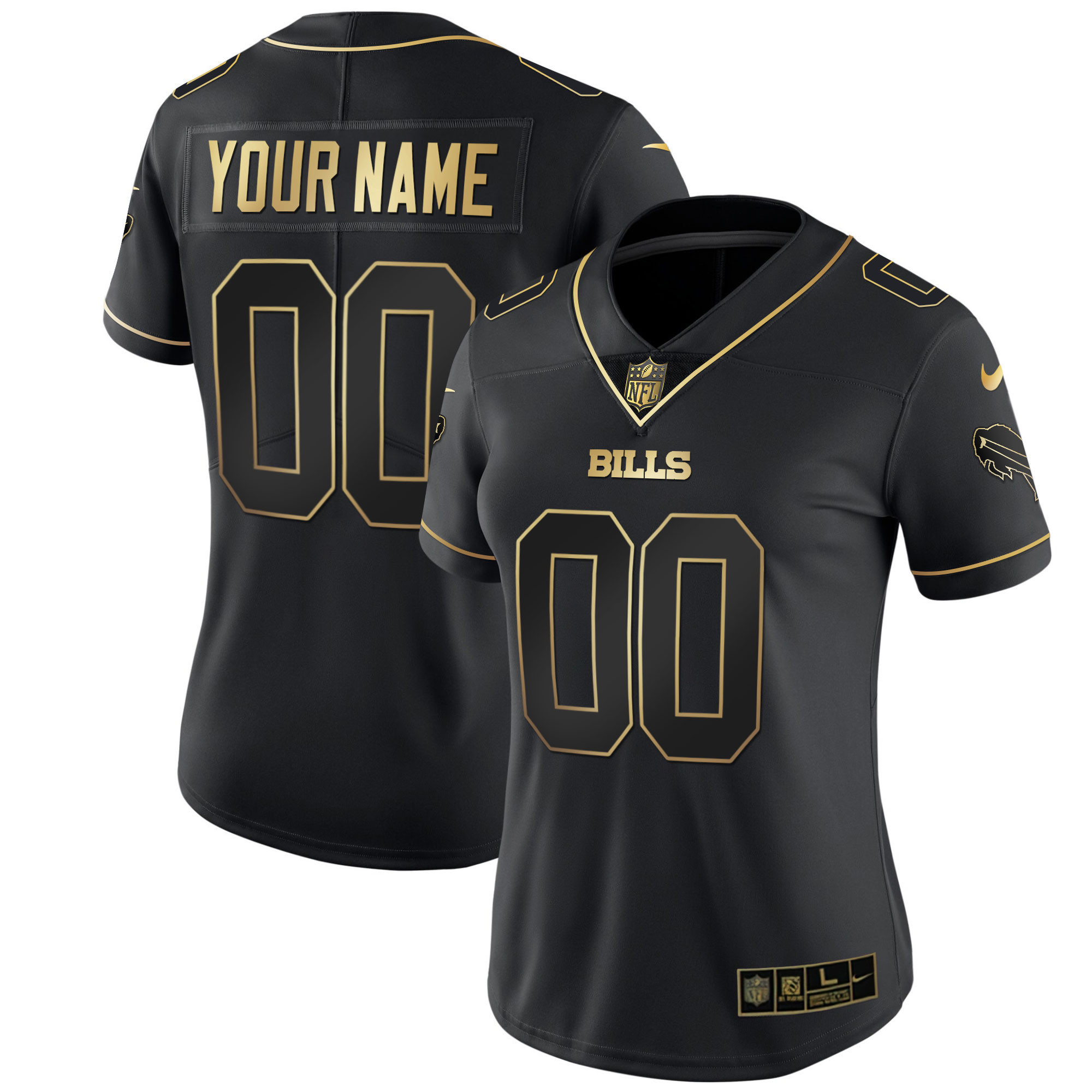 Women's Buffalo Bills Gold and Split Custom Name and Number - All Stitched Black Gold Jersey - All Stitched