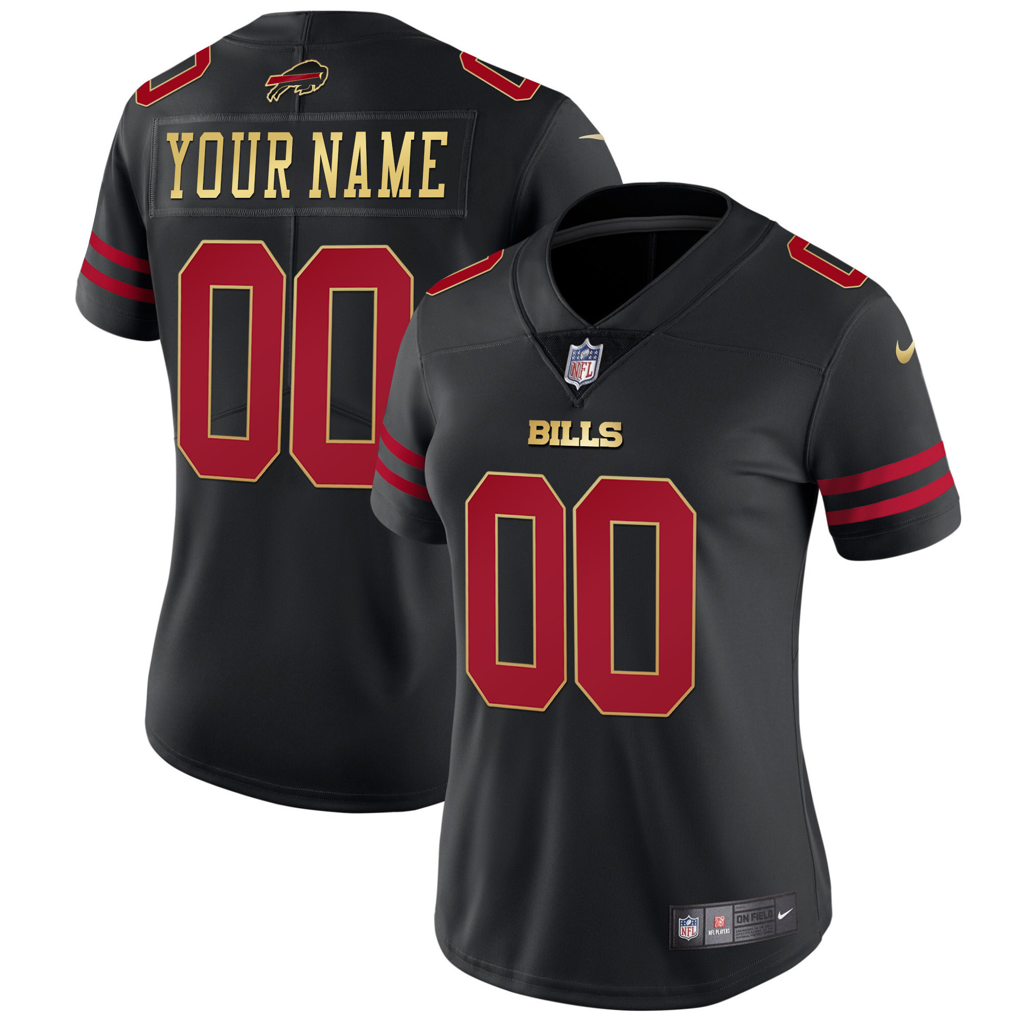 Women's Buffalo Bills Gold and Split Custom Name and Number - All Stitched Black Red Jersey - All Stitched