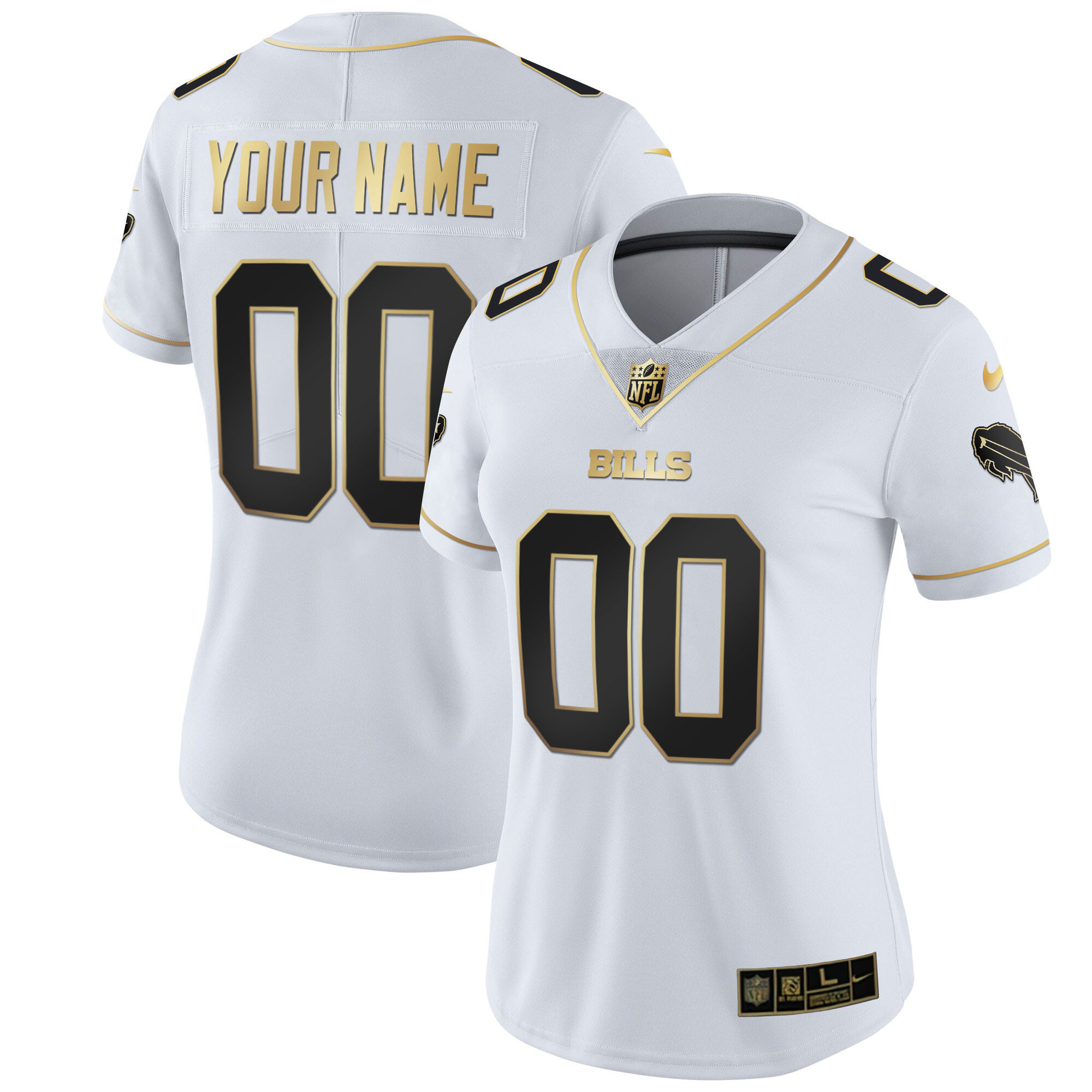 Women's Buffalo Bills Gold and Split Custom Name and Number - All Stitched White Gold Jersey - All Stitched