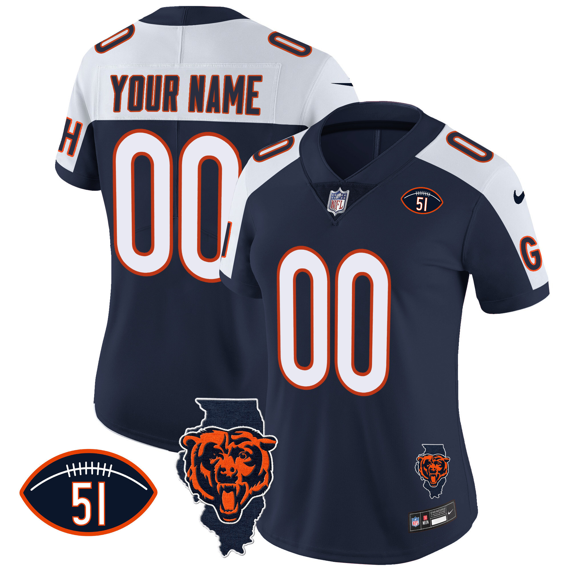 Women's Chicago Bears Illinois Patch Vapor Custom Alternate Jersey - All Stitched