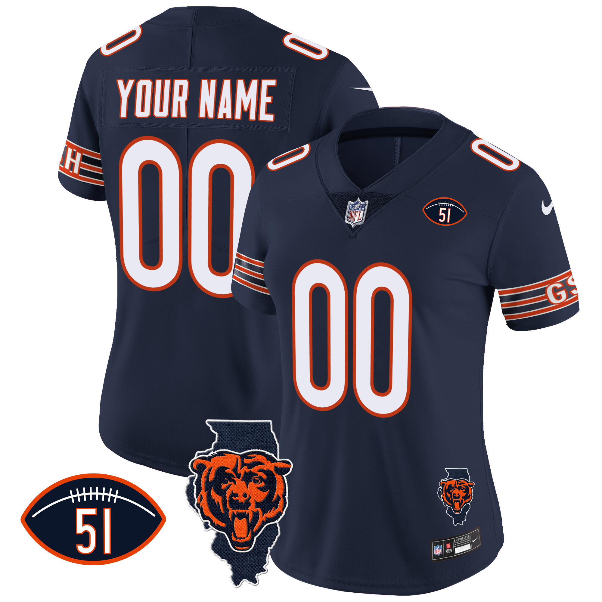 Women's Chicago Bears Illinois Patch Vapor Custom Navy Jersey - All Stitched